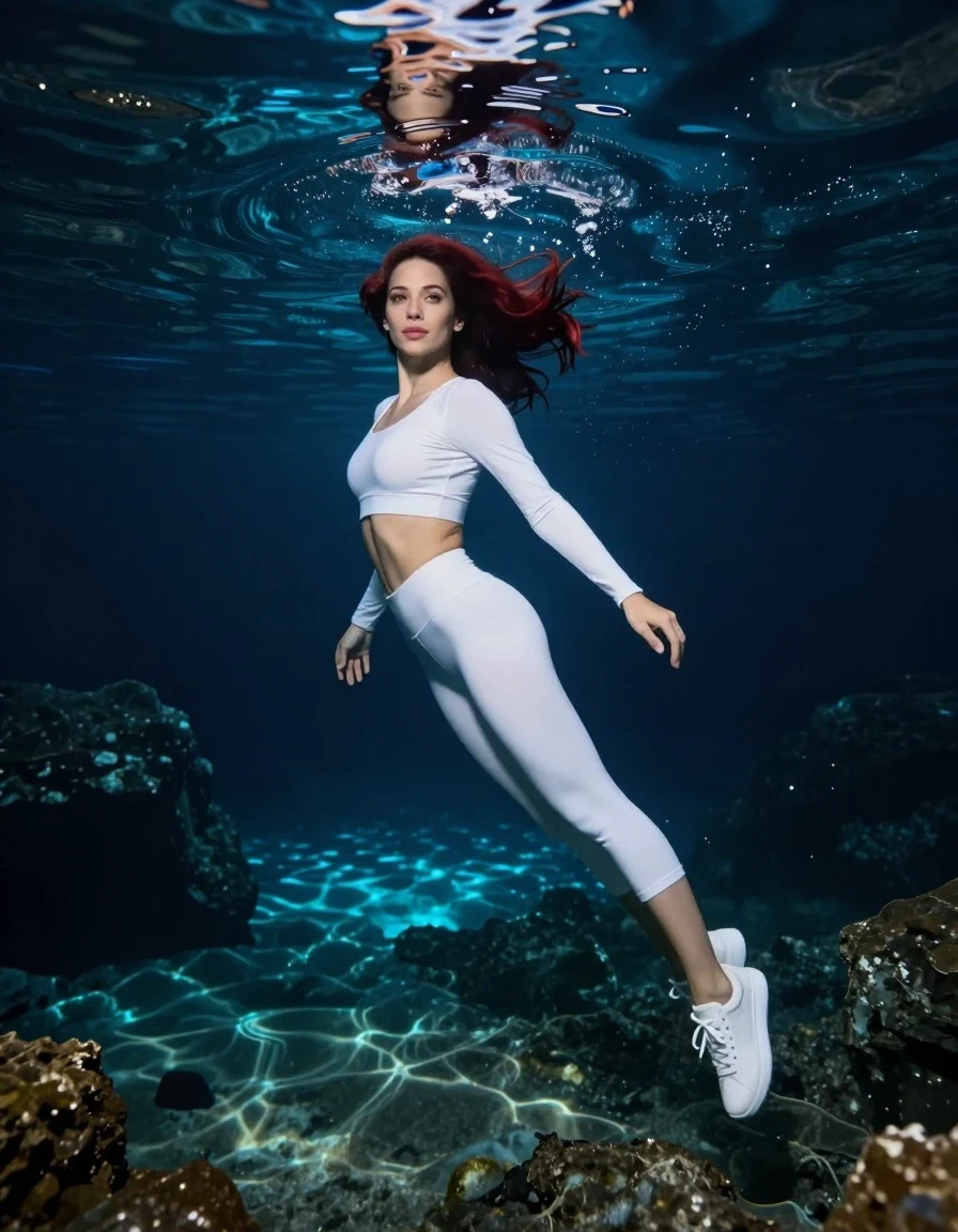 A high-quality, realistic vertical fashion photograph of an adult woman diving underwater in a dark, mysterious subterranean cave lake. She has shoulder-length dark auburn hair, wet and flowing in the water. She is wearing a white long-sleeved crop top, white 3/4 leggings, and clean white sneakers. She is captured from behind, gracefully swimming downward toward an intense, ethereal, vibrant blue light source emanating from deep within the lake. The surrounding water is dark and clear, with the blue glow casting dramatic, shimmering reflections across her form and the rocky cave floor below. Cinematic lighting, sharp focus, adventurous and magical atmosphere. The depicted adult woman has shoulder-length dark auburn hair. Show her face clearly toward the camera at a mild three-quarter angle, large enough for a natural portrait face reference.