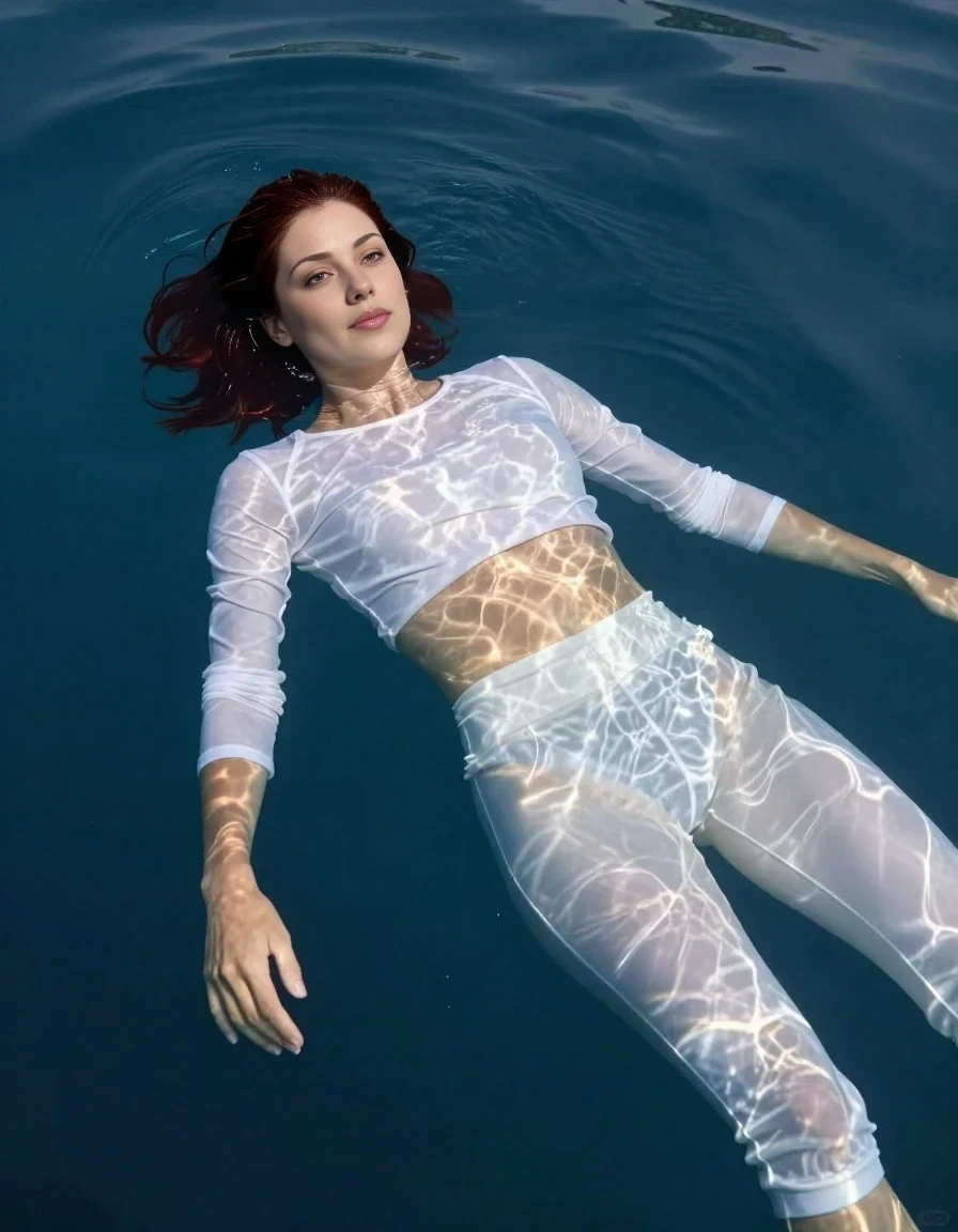A high-quality, realistic vertical fashion photograph of an adult woman floating serenely in crystal-clear, deep blue sea water. She has shoulder-length dark auburn hair, wet and slicked back. She is wearing a soaked white long-sleeved crop top and white 3/4 leggings; the fabric is wet and clings to her skin, appearing translucent, revealing only her skin underneath with no visible bikini or undergarments. She is captured in a peaceful, floating pose on her back, looking toward the camera at a mild three-quarter angle. Sunlight filters through the surface, creating shimmering caustic patterns across her form. Professional fashion photography, sharp focus, cinematic underwater lighting, shallow depth of field, captured from a high angle looking down from the boat deck. The adult woman's face is clearly visible and large enough for a natural portrait face reference. The depicted adult woman has shoulder-length dark auburn hair. Show her face clearly toward the camera at a mild three-quarter angle, large enough for a natural portrait face reference.
