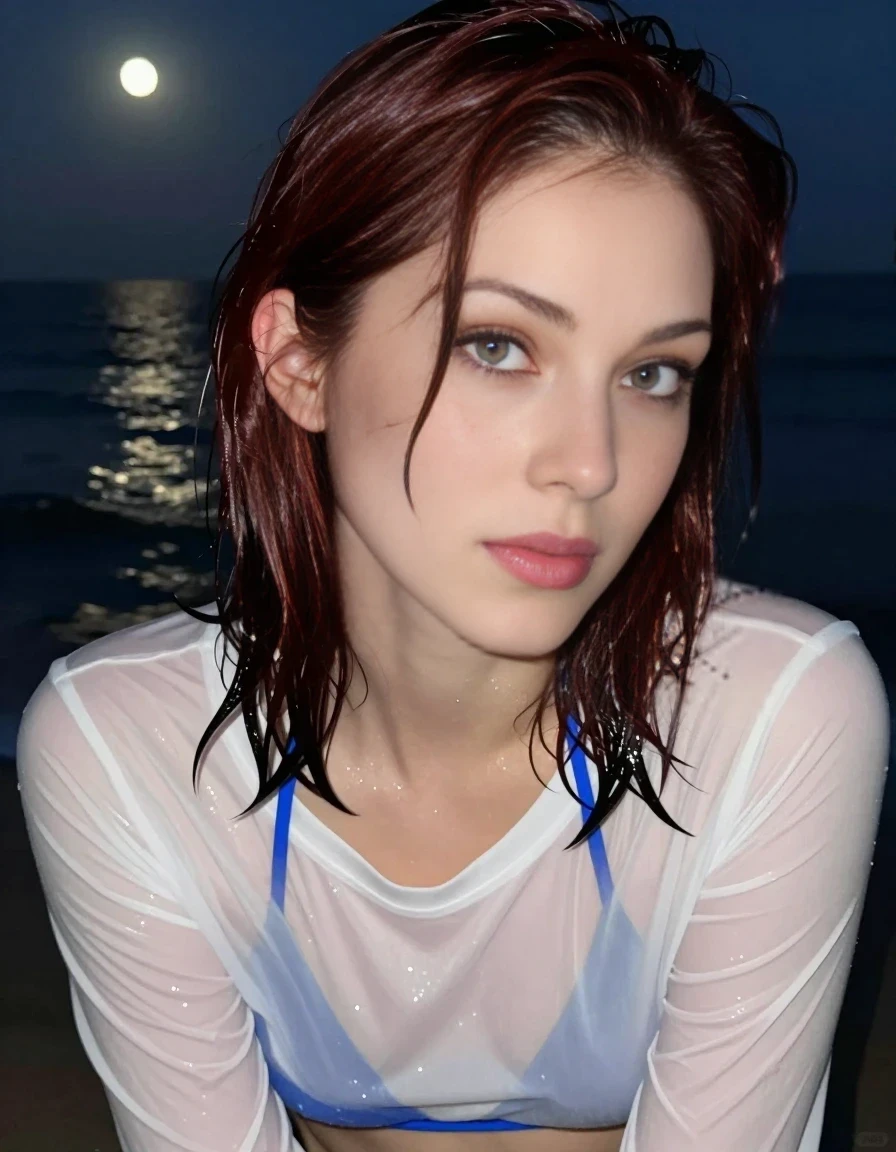 A high-quality, realistic vertical close-up POV shot focused on an adult woman's face. Her shoulder-length dark auburn hair is wet, with a few strands tucked behind her ear and others clinging to her cheeks. Water droplets glisten on her skin and eyelashes. She is looking directly into the camera with an intimate, soft expression, her gaze shifting slightly between the viewer's eyes and lips. She is wearing a white long-sleeved crop top that is thoroughly soaked, with a bright blue bikini top visible underneath. The scene is lit by soft, moody moonlight that highlights the texture of her skin and the wet strands of her hair. The background is a dark, out-of-focus ocean at night. The focus is sharp on her eyes and lips, capturing an intense, quiet moment. The depicted adult woman has shoulder-length dark auburn hair. Show her face clearly toward the camera at a mild three-quarter angle, large enough for a natural portrait face reference.