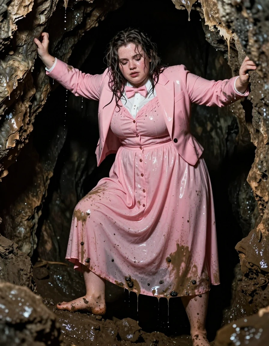 A photorealistic full-body shot of an exhausted, plus-size young adult European woman with a nerdy aesthetic, struggling to climb out of a dark, jagged cave entrance. She is wearing a pink buttoned-down maxi dress layered with a white shirt, bowtie, and a tuxedo jacket. All clothing is heavily soaked, with the fabric clinging to her frame, showing deep color saturation, heavy wet folds, and dark, water-logged patches. Her skin is glistening with moisture, and her hair is matted and wet, dripping with cave water. She is barefoot, with her feet caked in thick, wet mud. The clothing is covered in streaks of mud and grime, emphasizing the exhausted, rugged nature of the scene. The lighting is low and dramatic, catching the glossy, wet sheen on the surface of the soaked fabric and her damp skin. Cinematic composition, high-detail textures, 8k resolution, realistic wetness, water-saturated fabric, gritty atmosphere.