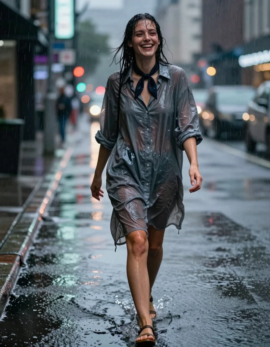 A photorealistic full-body shot of a young adult European woman walking home through rainy city streets at night. She is wearing an oversized grey button-down dress that is completely soaked through, the fabric clinging to her frame with heavy, wet folds and darker, water-saturated patches where the material is translucent and weighted by the rain. A dark bowtie is tied at her collar, also dripping and saturated. She wears simple sandals on her feet, splashing through shallow puddles. Her skin and hair are glistening with rainwater, with droplets tracing down her face and arms. She is captured mid-stride, laughing joyfully with a natural, candid expression. The environment features slick, reflective asphalt, glowing neon city lights blurring in the background, and a heavy, persistent rainfall. Cinematic lighting highlights the texture of the wet fabric and the sheen of the wet pavement, 8k resolution, highly detailed, realistic skin texture, sharp focus on the subject, atmospheric wet aesthetic.