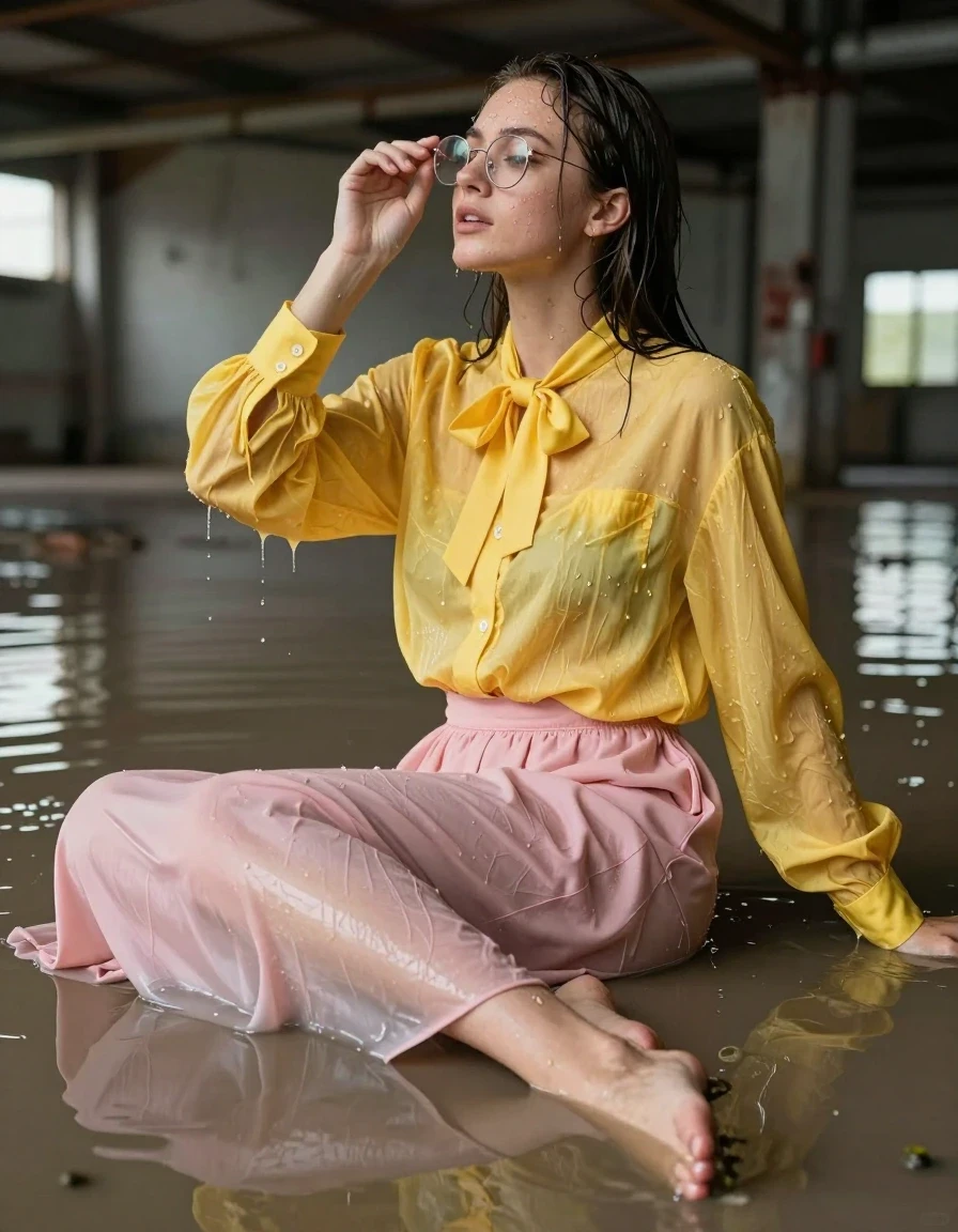 photo of young woman, in soaking wet, drenched clothes,
Barefeet, pink maxi skirt, glasses, yellow extremely oversized long sleeved buttoned down blouse, bowtie, abandoned flooded warehouse, 
enjoying, wet clothes stuck to body,
detailed textures of the wet clothes, wet face, wet plastered hair,
wet, drenched, professional, high-quality details, full body view.
sharp focus, ultra-high pixel detail, realistic, high-quality, full colors, incredibly detailed, 4k, 8k, 16k, hyper-realistic, RAW photo, masterpiece, ultra-detailed, professionally color graded, professional photograph, submerged in dirty water to the neck, sitting in the water, wet skin, wet clothes, damp fabric