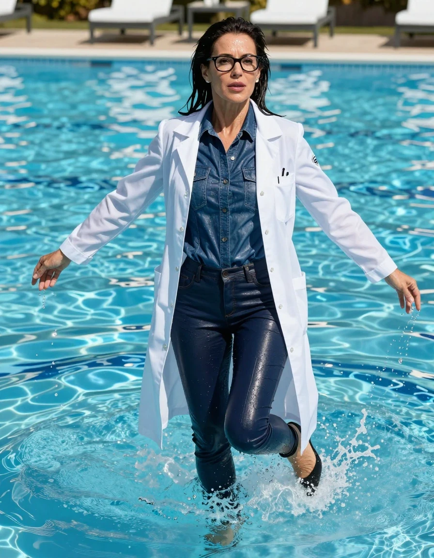 photo of young woman, in soaking wet, drenched clothes,
shoes, long dark blue tight leather jeans, maxi flared white labcoat with long sleeves,  dark blue leather denim shirt, jumped in water in sunny swimming pool, 
enjoying, wet clothes stuck to body,
detailed textures of the wet clothes, wet face, wet plastered hair,
wet, drenched, professional, high-quality details, full body view.
sharp focus, ultra-high pixel detail, realistic, high-quality, full colors, incredibly detailed, 4k, 8k, 16k, hyper-realistic, RAW photo, masterpiece, ultra-detailed, professionally color graded, professional photograph, europen brunette skinny woman 50 years old, long dark black hair, very big and thick lips,  office glasses, complete body, wet skin, wet clothes, damp fabric, wet skin, wet clothes, damp fabric, wet skin, wet clothes, damp fabric, wet skin, wet clothes, damp fabric, wet skin, wet clothes, damp fabric
