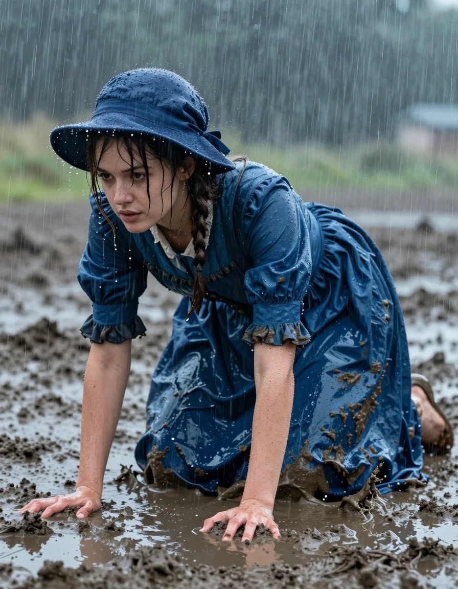 A hyper-realistic, full-body cinematic shot of a young adult European woman with wet, rain-slicked hair and skin, crawling through thick, dark mud in open fields during a heavy, torrential rainstorm. She is wearing a long, elegant blue Edwardian-style dress that is completely saturated with water; the fabric is heavy, clinging to her form with deep, dark indigo patches, visible water-soaked folds, and a glossy, wet sheen. She is barefoot, with mud coating her feet and legs. She wears a matching blue Edwardian-style hat, also sodden and dripping from the downpour. The scene is captured with high-speed photography, showing individual raindrops hitting the mud and fabric, creating splash effects and intense specular reflections on the wet surfaces. Atmospheric lighting, moody, overcast, high contrast, 8k resolution, detailed skin texture, realistic mud splatter, cinematic depth of field.