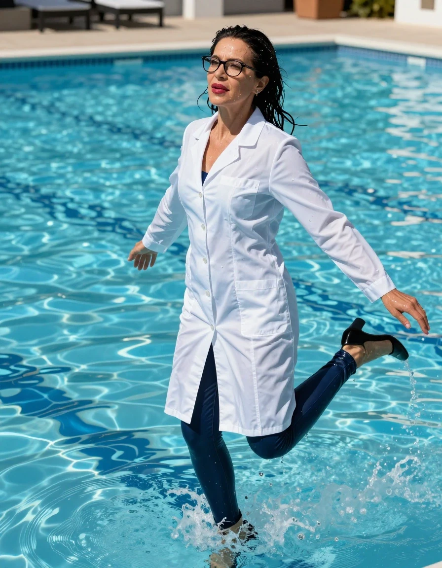 photo of young woman, in soaking wet, drenched clothes,
shoes, long dark blue tight leather jeans, maxi flared white labcoat with long sleeves,  jumped in water in sunny swimming pool, 
enjoying, wet clothes stuck to body,
detailed textures of the wet clothes, wet face, wet plastered hair,
wet, drenched, professional, high-quality details, full body view.
sharp focus, ultra-high pixel detail, realistic, high-quality, full colors, incredibly detailed, 4k, 8k, 16k, hyper-realistic, RAW photo, masterpiece, ultra-detailed, professionally color graded, professional photograph, europen brunette skinny woman 50 years old, long dark black hair, very big and thick lips,  office glasses, complete body, wet skin, wet clothes, damp fabric, wet skin, wet clothes, damp fabric, wet skin, wet clothes, damp fabric, wet skin, wet clothes, damp fabric, wet skin, wet clothes, damp fabric