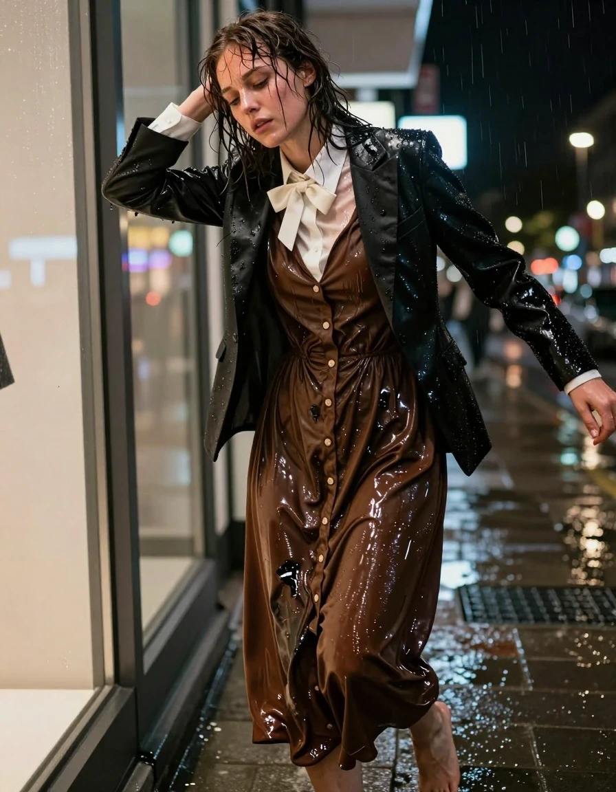 A photorealistic, highly detailed shot of a young adult European woman with a nerdy look, appearing completely exhausted and covered in sweat, climbing out of a window of a shopping mall onto a dark street at night. She is wearing a brown buttoned-down maxi dress that is soaked through, clinging to her skin with deep, dark, unevenly saturated patches of wetness, heavy fabric folds, and a glossy water sheen. Over the dress, she wears a crisp white shirt with a bowtie and a black tuxedo jacket, the jacket fabric heavy, drenched, and darkened by moisture, with visible water droplets and sheen on the lapels and sleeves. Her hair is matted and wet, clinging to her forehead and neck. She is barefoot, her skin glistening with a mixture of sweat and rainwater. The environment is a dimly lit, urban shopping mall exterior at night, with cool, harsh street lighting catching the wet textures of her clothing and skin. The camera captures the scene from a low angle, emphasizing the struggle of her movement, sharp focus, cinematic lighting, high-contrast textures, 8k resolution, authentic fabric weight and drape.