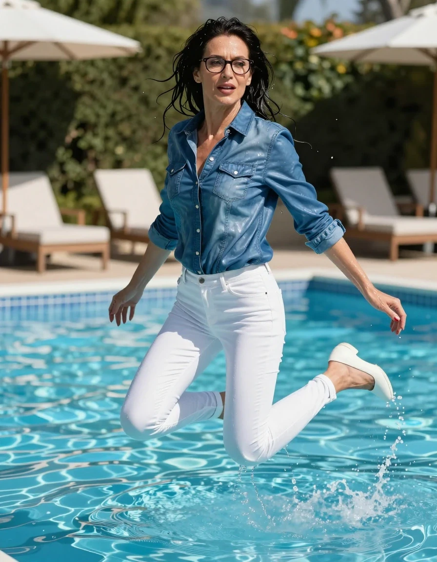 photo of young woman, in soaking wet, drenched clothes,
shoes, long white tight leather jeans,  dark light blue leather denim shirt, jumped in water in sunny swimming pool, 
enjoying, wet clothes stuck to body,
detailed textures of the wet clothes, wet face, wet plastered hair,
wet, drenched, professional, high-quality details, full body view.
sharp focus, ultra-high pixel detail, realistic, high-quality, full colors, incredibly detailed, 4k, 8k, 16k, hyper-realistic, RAW photo, masterpiece, ultra-detailed, professionally color graded, professional photograph, europen brunette skinny woman 50 years old, long dark black hair, very big and thick lips,  office glasses, complete body, wet skin, wet clothes, damp fabric, wet skin, wet clothes, damp fabric, wet skin, wet clothes, damp fabric, wet skin, wet clothes, damp fabric, wet skin, wet clothes, damp fabric