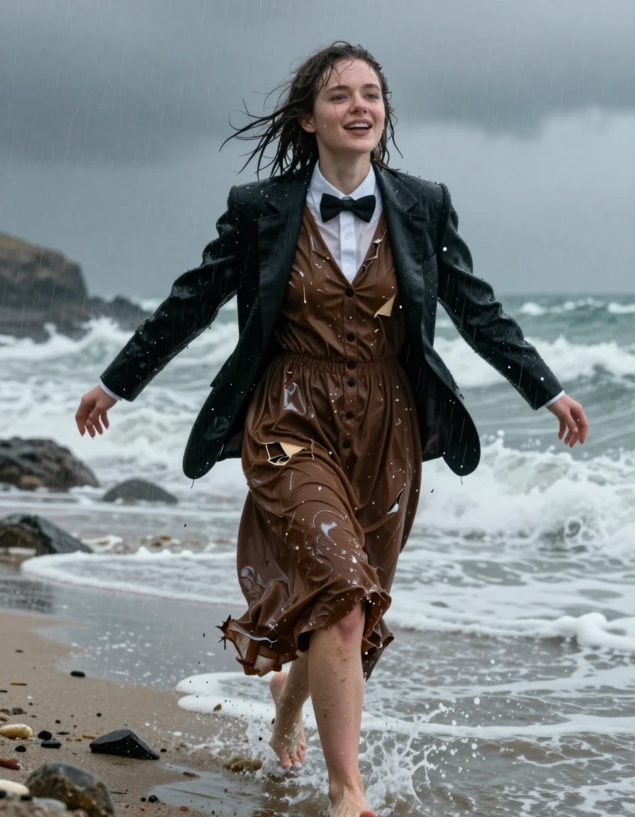 A cinematic, hyper-realistic shot of a young adult European woman with a nerdy look, climbing out of the surf onto a cold North Sea beach after a shipwreck. She is wearing a brown buttoned-down maxi dress, a black tuxedo jacket, and a bowtie. The clothing is completely destroyed, torn, and clinging to her body, saturated with seawater, appearing significantly darker with heavy wet folds and a glossy water sheen. Her skin is pale and glistening with saltwater, and her hair is matted and soaked, plastered to her face and shoulders. She is barefoot, with sand and grit clinging to her skin. Her expression is one of pure, exhausted joy and relief. The environment is a desolate, rocky coastline during a torrential rainstorm, with dark, churning waves crashing in the background and mist hanging in the air. The lighting is moody, cold, and dramatic, highlighting the texture of the soaked fabrics and the reflective water on her skin. 8k resolution, highly detailed, sharp focus, atmospheric, raw photographic style.