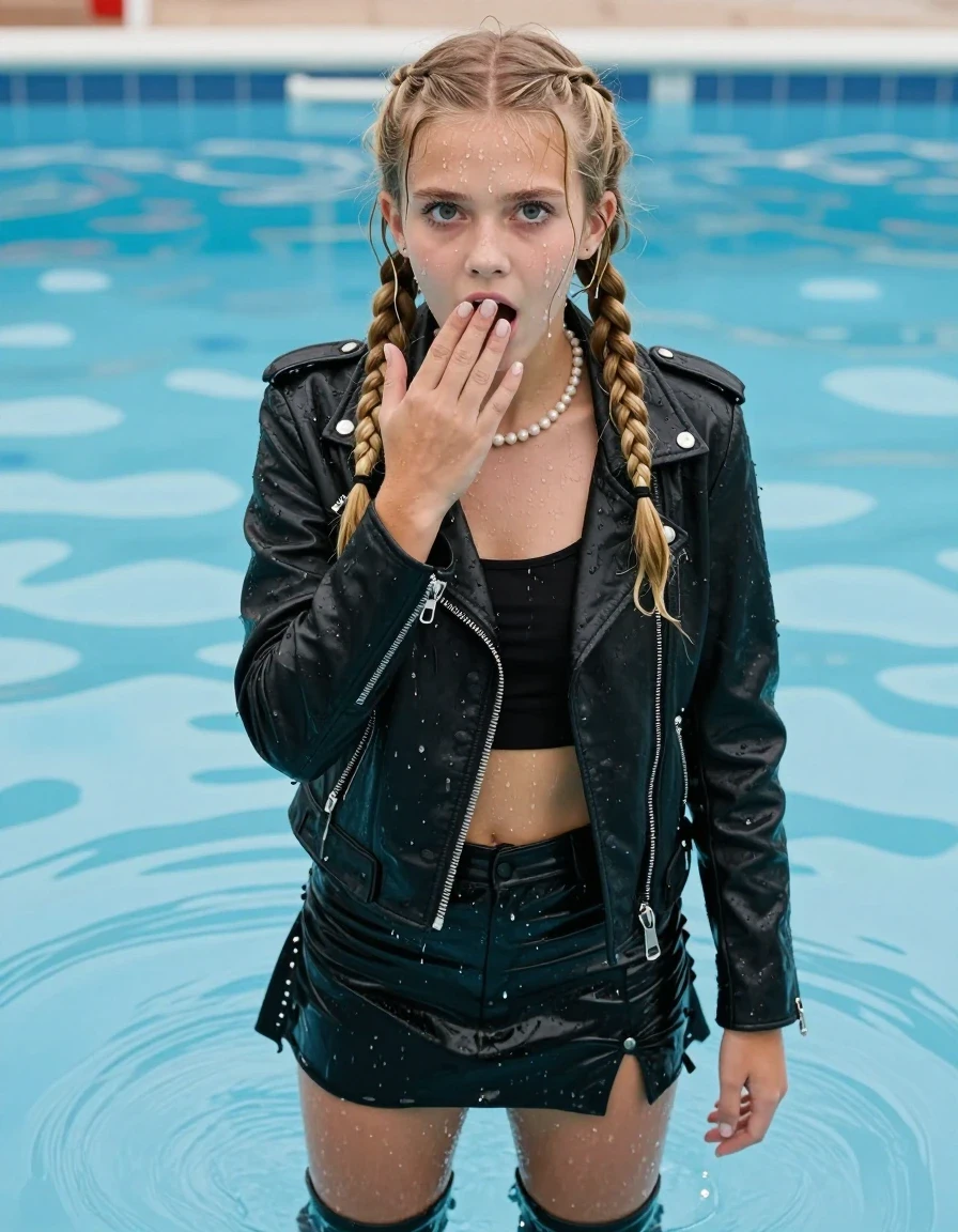 photo of young woman, in soaking wet, drenched clothes,
Black boots, Short black mini skirt, Black biker leatherjacket, crop top, Pearl necklace, Party pool, 
enjoying, wet clothes stuck to body,
detailed textures of the wet clothes, wet face, wet plastered hair,
wet, drenched, professional, high-quality details, full body view.
sharp focus, ultra-high pixel detail, realistic, high-quality, full colors, incredibly detailed, 4k, 8k, 16k, hyper-realistic, RAW photo, masterpiece, ultra-detailed, professionally color graded, professional photograph, 15-years-old blonde teenage girl, two wet long braids, wet skin, hold her hand on her mouth, afraid and astonished, open mouth, big eyes, looking up at camera, wet clothes, damp fabric, wet skin, wet clothes, damp fabric