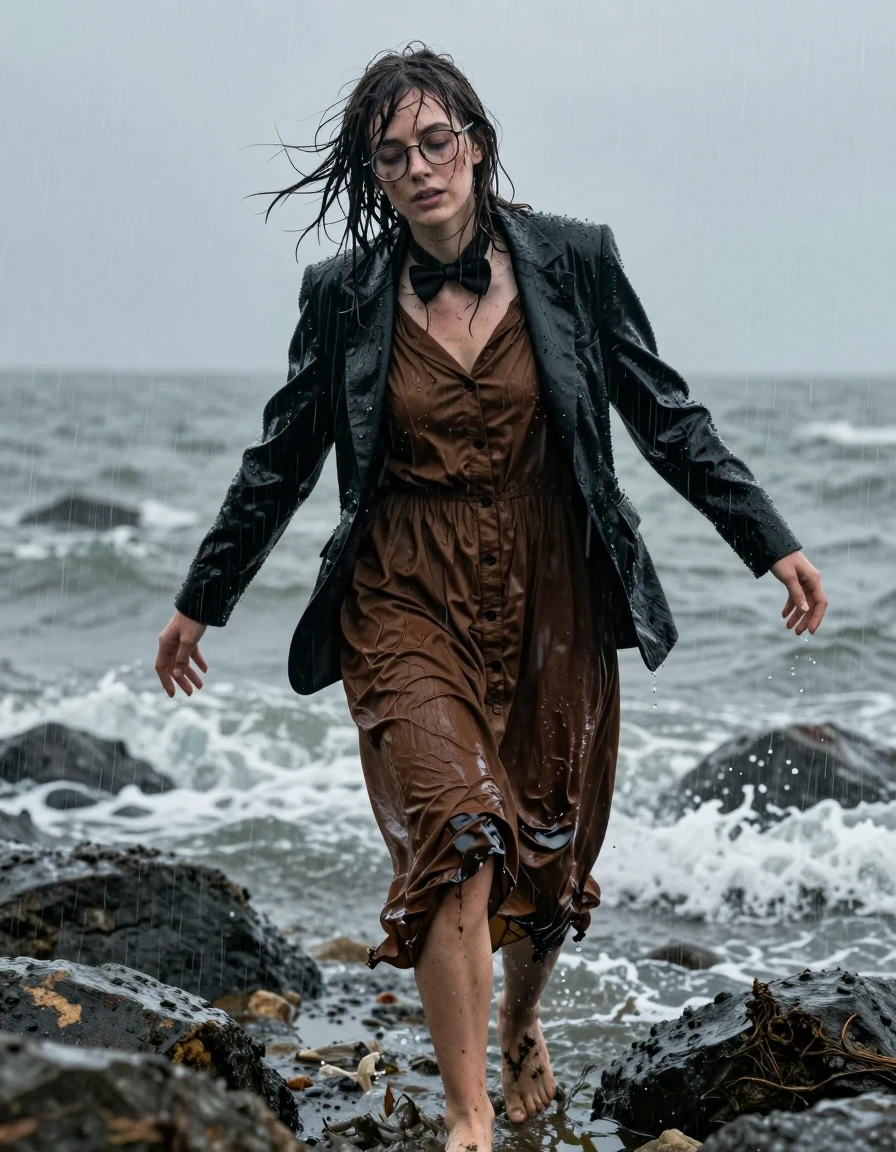 A photorealistic, hyper-detailed shot of a young adult European woman with a nerdy aesthetic, glasses slightly askew, climbing out of the North Sea onto a dark, rocky shore. She is completely exhausted, face pale and rain-streaked. She wears a brown buttoned-down maxi dress, a black tuxedo jacket, and a bowtie, all in a state of total ruin; the fabrics are heavily soaked, clinging to her frame, with the brown dress darkened to a deep espresso and the black jacket heavy with water, sagging with weight and distorted by deep, sodden folds. Her skin is glistening with torrential rain and seawater, hair matted and plastered to her face. She is barefoot, with mud and sand clinging to her feet and legs. The atmosphere is a brutal, cold, torrential rainstorm, with high-contrast, moody, overcast lighting, dramatic water spray, and a cinematic, high-resolution photographic style emphasizing textures of wet fabric, grit, and exhausted human emotion.