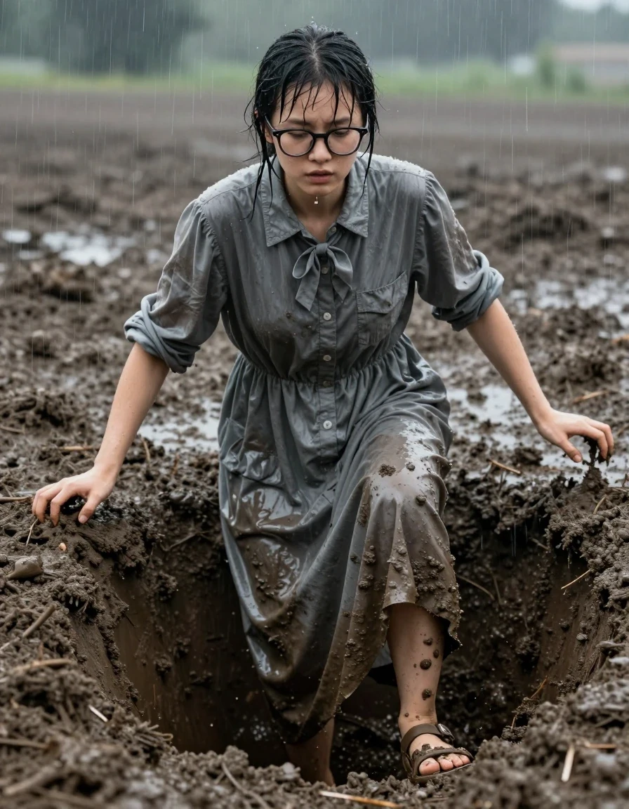 A photorealistic medium shot of a young adult European woman with a nerdy aesthetic, wearing thick-rimmed glasses, struggling to climb out of a deep, thick pit of mud in a rainy field. She is wearing an oversized grey buttoned-down maxi dress with a bowtie, the fabric heavily soaked and clinging to her body, displaying dark, water-saturated patches, heavy wet folds, and a slick, glossy sheen from the rain. Her skin and hair are wet and glistening with droplets. She wears simple sandals caked in mud. The atmosphere is gloomy and rainy, with soft, diffused daylight highlighting the texture of the mud and the wet fabric. High-detail photography, cinematic lighting, realistic skin textures, sharp focus on the subject's determined expression, water-drenched environment.