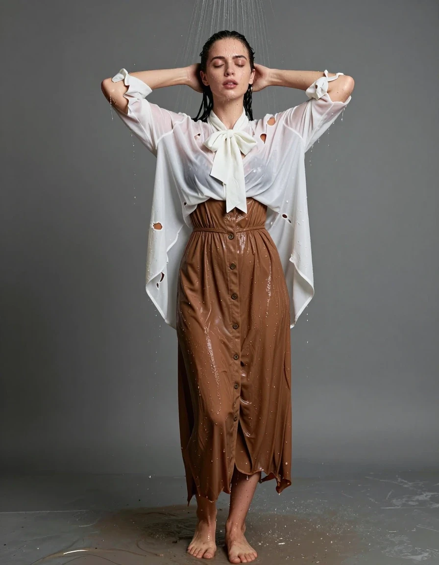 photo of young woman, in soaking wet, drenched clothes,
barefeet, brown buttoned down maxi dress, oversized white shirt bowtie, brown buttoned down maxi dress, oversized white shirt bowtie, shower, 
enjoying, wet clothes stuck to body,
detailed textures of the wet clothes, wet face, wet plastered hair,
wet, drenched, professional, high-quality details, full body view.
sharp focus, ultra-high pixel detail, realistic, high-quality, full colors, incredibly detailed, 4k, 8k, 16k, hyper-realistic, RAW photo, masterpiece, ultra-detailed, professionally color graded, professional photograph, showering the mud off off her clothes, completely exhausted, shirt is torn, wet skin, wet clothes, damp fabric, wet skin, wet clothes, damp fabric, wet skin, wet clothes, damp fabric