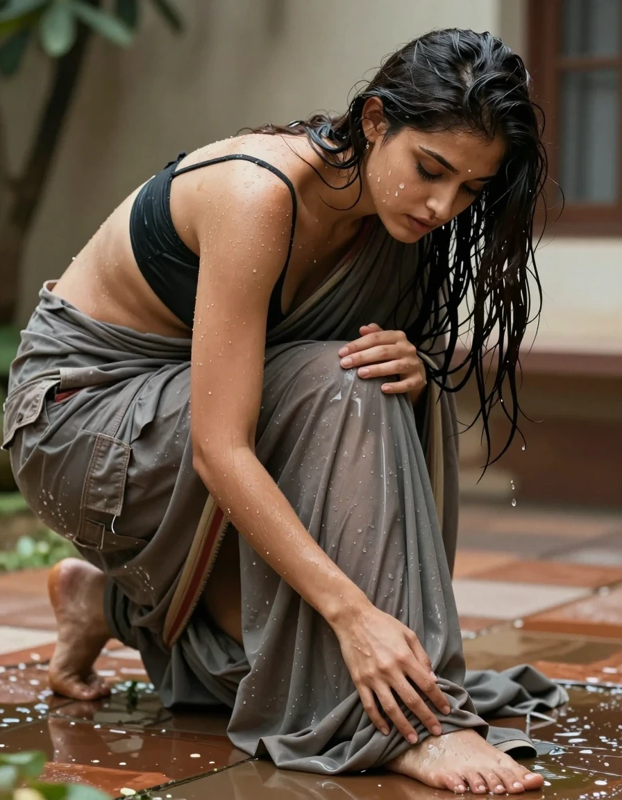 photo of young woman, in soaking wet, drenched clothes,
socks, Cargo pants , Saree blouse only, Outdoor Patio , 
enjoying, wet clothes stuck to body,
detailed textures of the wet clothes, wet face, wet plastered hair,
wet, drenched, professional, high-quality details, full body view.
sharp focus, ultra-high pixel detail, realistic, high-quality, full colors, incredibly detailed, 4k, 8k, 16k, hyper-realistic, RAW photo, masterpiece, ultra-detailed, professionally color graded, professional photograph, sexy man groping, wet skin, wet clothes, damp fabric