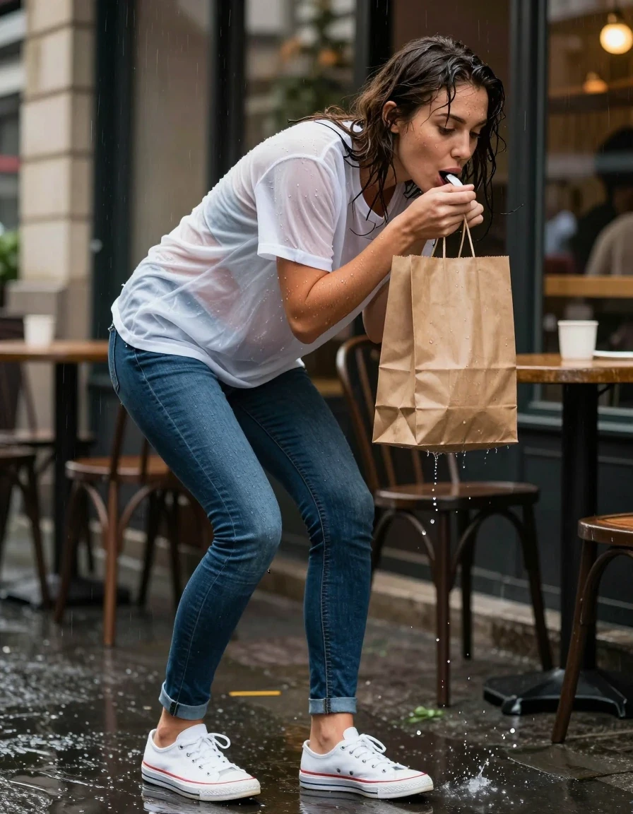 photo of young woman, in soaking wet, drenched clothes,
soaked white canvas sneakers, clinging dark blue denim skinny jeans, transparent white wet cotton t-shirt, outdoor cafe frontage in a sudden downpour, 
enjoying, wet clothes stuck to body,
detailed textures of the wet clothes, wet face, wet plastered hair,
wet, drenched, professional, high-quality details, full body view.
sharp focus, ultra-high pixel detail, realistic, high-quality, full colors, incredibly detailed, 4k, 8k, 16k, hyper-realistic, RAW photo, masterpiece, ultra-detailed, professionally color graded, professional photograph, candid paparazzi style, side-angle full-body shot, woman frantically shielding a paper grocery bag under her drenched shirt, water droplets splashing on pavement, fabric clinging to skin, photorealistic lifestyle photography, rich natural color, balanced bright exposure, moderate contrast, softly lifted shadows, wet skin, wet clothes, damp fabric