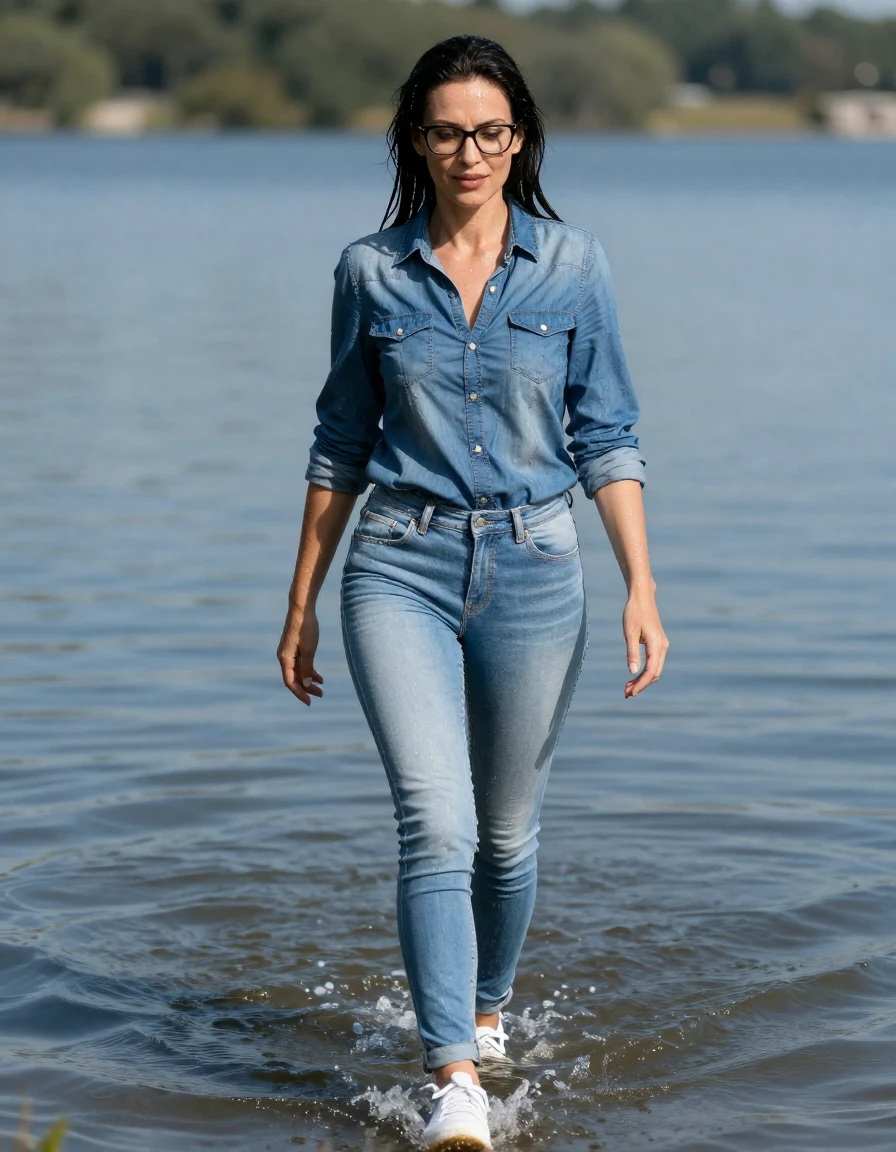 photo of young woman, in soaking wet, drenched clothes,
sport shoes, light blue tight jeans, blue denim shirt with long sleeves, walking complet submerged in sunny lake with legs in water, 
enjoying, wet clothes stuck to body,
detailed textures of the wet clothes, wet face, wet plastered hair,
wet, drenched, professional, high-quality details, full body view.
sharp focus, ultra-high pixel detail, realistic, high-quality, full colors, incredibly detailed, 4k, 8k, 16k, hyper-realistic, RAW photo, masterpiece, ultra-detailed, professionally color graded, professional photograph, europen brunette skinny woman 40 years old, long dark black hair, very big and thick lips, office glasses,  complete body, wet skin, wet clothes, damp fabric, wet skin, wet clothes, damp fabric, wet skin, wet clothes, damp fabric, wet skin, wet clothes, damp fabric, wet skin, wet clothes, damp fabric