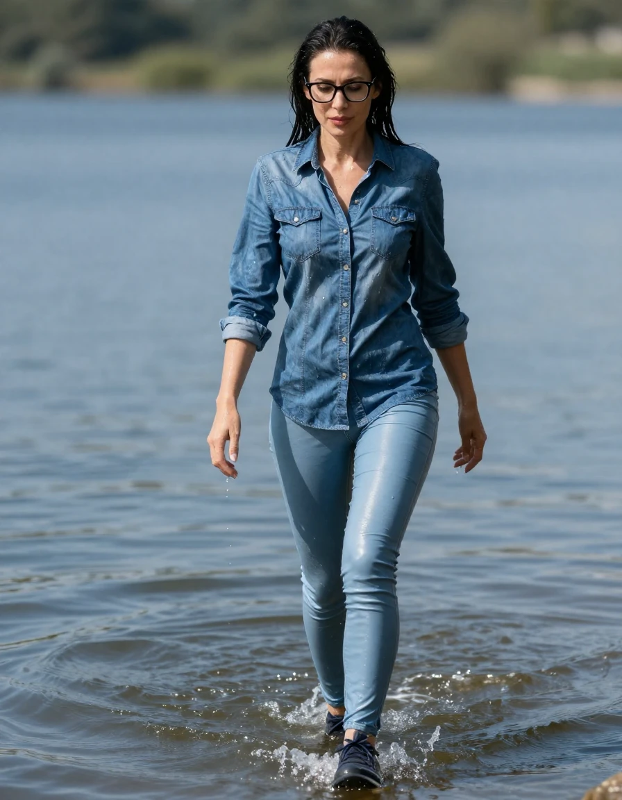 photo of young woman, in soaking wet, drenched clothes,
sport shoes, light blue tight leather jeans, long blue denim shirt dress with long sleeves, walking complet submerged in sunny lake with legs in water, 
enjoying, wet clothes stuck to body,
detailed textures of the wet clothes, wet face, wet plastered hair,
wet, drenched, professional, high-quality details, full body view.
sharp focus, ultra-high pixel detail, realistic, high-quality, full colors, incredibly detailed, 4k, 8k, 16k, hyper-realistic, RAW photo, masterpiece, ultra-detailed, professionally color graded, professional photograph, europen brunette skinny woman 40 years old, long dark black hair, very big and thick lips, office glasses,  complete body, wet skin, wet clothes, damp fabric, wet skin, wet clothes, damp fabric, wet skin, wet clothes, damp fabric, wet skin, wet clothes, damp fabric, wet skin, wet clothes, damp fabric
