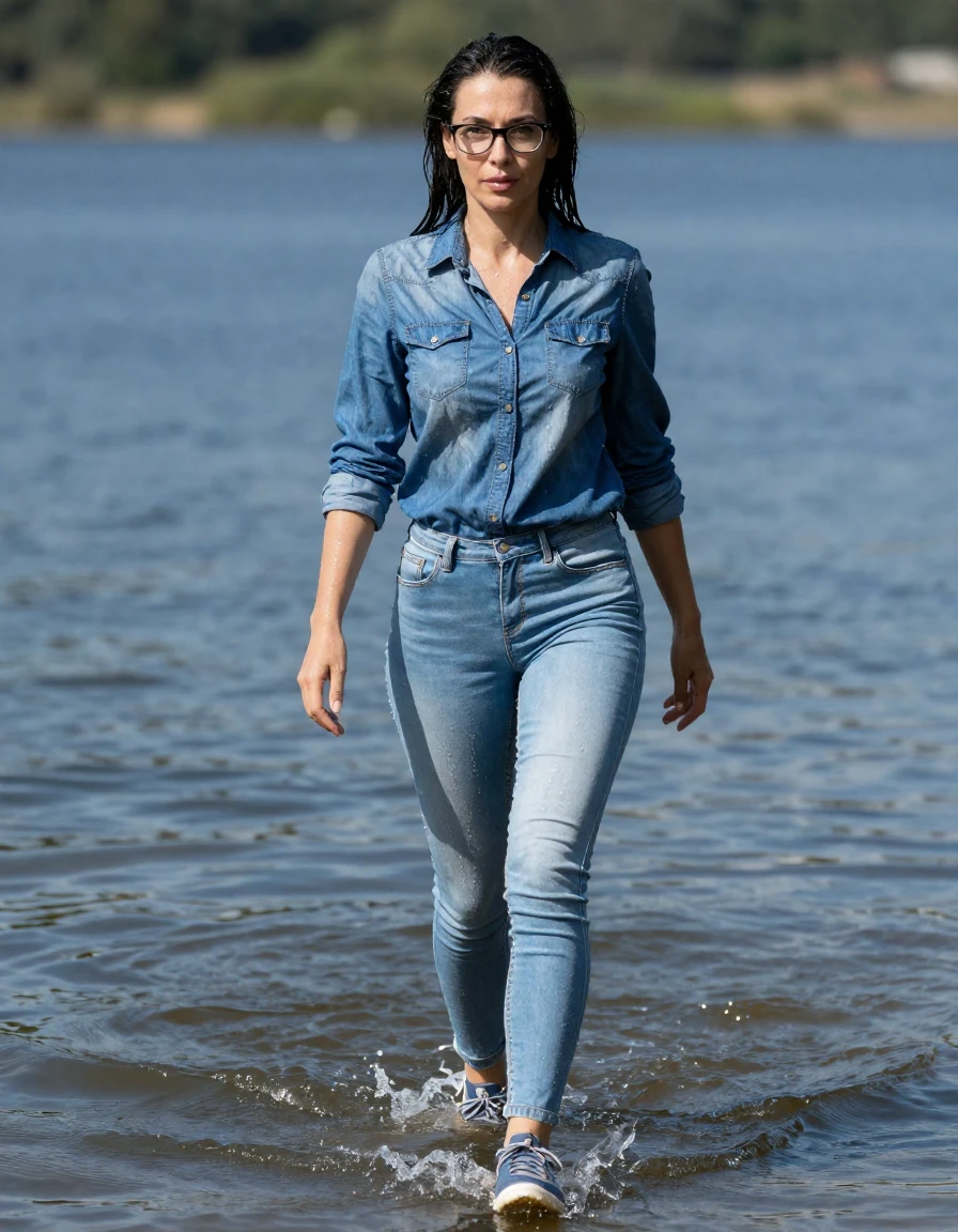 photo of young woman, in soaking wet, drenched clothes,
sport shoes, light blue tight jeans, blue denim shirt with long sleeves, walking complet submerged in sunny lake with legs in water, 
enjoying, wet clothes stuck to body,
detailed textures of the wet clothes, wet face, wet plastered hair,
wet, drenched, professional, high-quality details, full body view.
sharp focus, ultra-high pixel detail, realistic, high-quality, full colors, incredibly detailed, 4k, 8k, 16k, hyper-realistic, RAW photo, masterpiece, ultra-detailed, professionally color graded, professional photograph, europen brunette skinny woman 40 years old, long dark black hair, very big and thick lips, office glasses,  complete body, wet skin, wet clothes, damp fabric, wet skin, wet clothes, damp fabric, wet skin, wet clothes, damp fabric, wet skin, wet clothes, damp fabric, wet skin, wet clothes, damp fabric