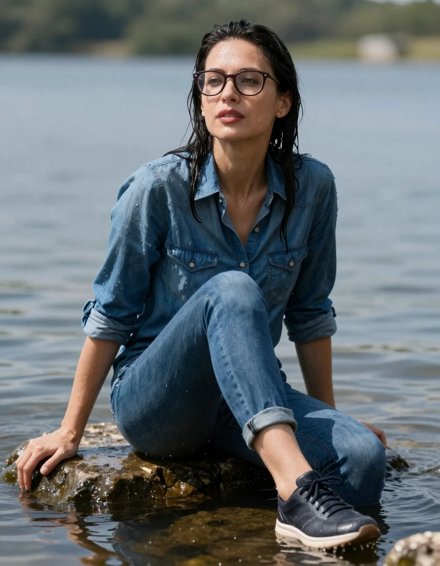 photo of young woman, in soaking wet, drenched clothes,
sport shoes, blue jeans, blue denim shirt with long sleeves, on the edge of sunny lake with legs in water, 
enjoying, wet clothes stuck to body,
detailed textures of the wet clothes, wet face, wet plastered hair,
wet, drenched, professional, high-quality details, full body view.
sharp focus, ultra-high pixel detail, realistic, high-quality, full colors, incredibly detailed, 4k, 8k, 16k, hyper-realistic, RAW photo, masterpiece, ultra-detailed, professionally color graded, professional photograph, europen brunette skinny woman 40 years old, long dark black hair, very big and thick lips, office glasses,  complete body, wet skin, wet clothes, damp fabric, wet skin, wet clothes, damp fabric, wet skin, wet clothes, damp fabric, wet skin, wet clothes, damp fabric, wet skin, wet clothes, damp fabric