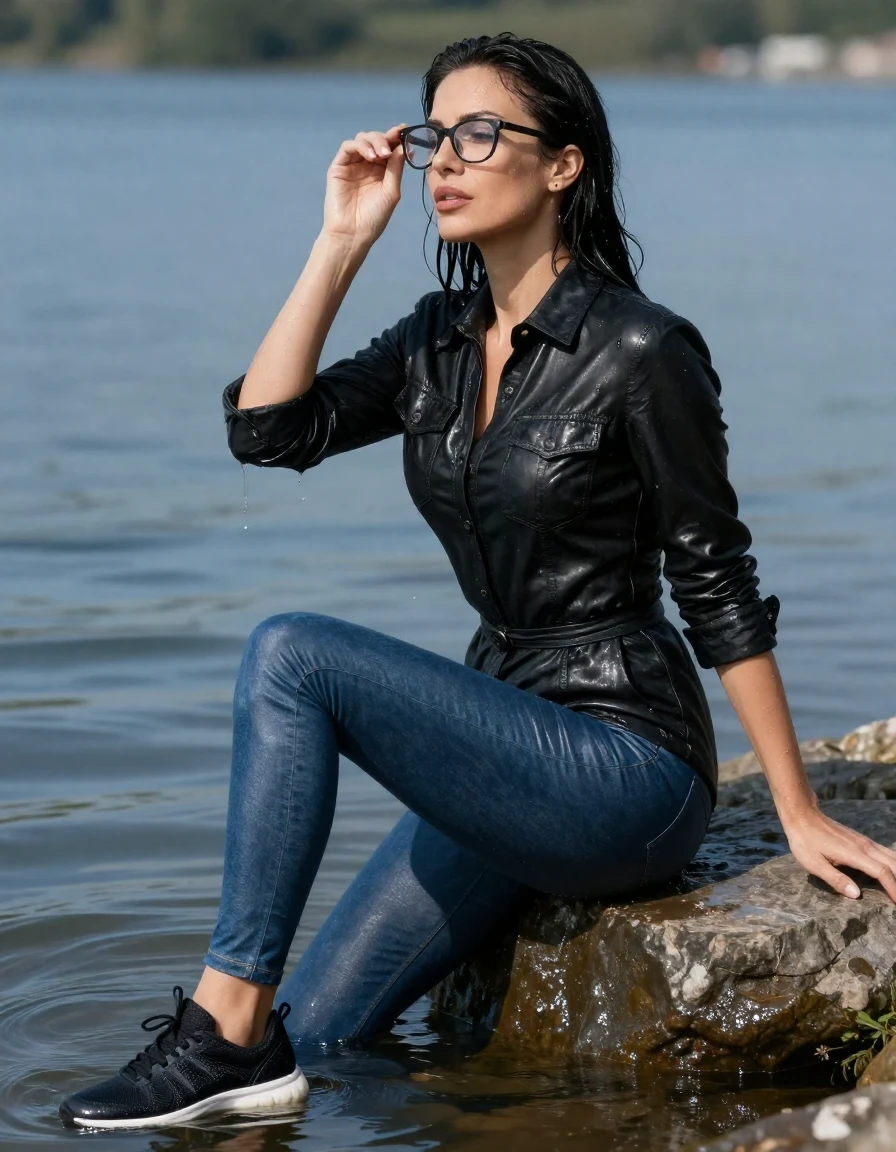 photo of young woman, in soaking wet, drenched clothes,
sport shoes, blue tight leather jeans, long black leather denim shirt dress with long sleeves, on the edge of sunny lake with legs in water, 
enjoying, wet clothes stuck to body,
detailed textures of the wet clothes, wet face, wet plastered hair,
wet, drenched, professional, high-quality details, full body view.
sharp focus, ultra-high pixel detail, realistic, high-quality, full colors, incredibly detailed, 4k, 8k, 16k, hyper-realistic, RAW photo, masterpiece, ultra-detailed, professionally color graded, professional photograph, europen brunette skinny woman 40 years old, long dark black hair, very big and thick lips, office glasses,  complete body, wet skin, wet clothes, damp fabric, wet skin, wet clothes, damp fabric, wet skin, wet clothes, damp fabric, wet skin, wet clothes, damp fabric, wet skin, wet clothes, damp fabric