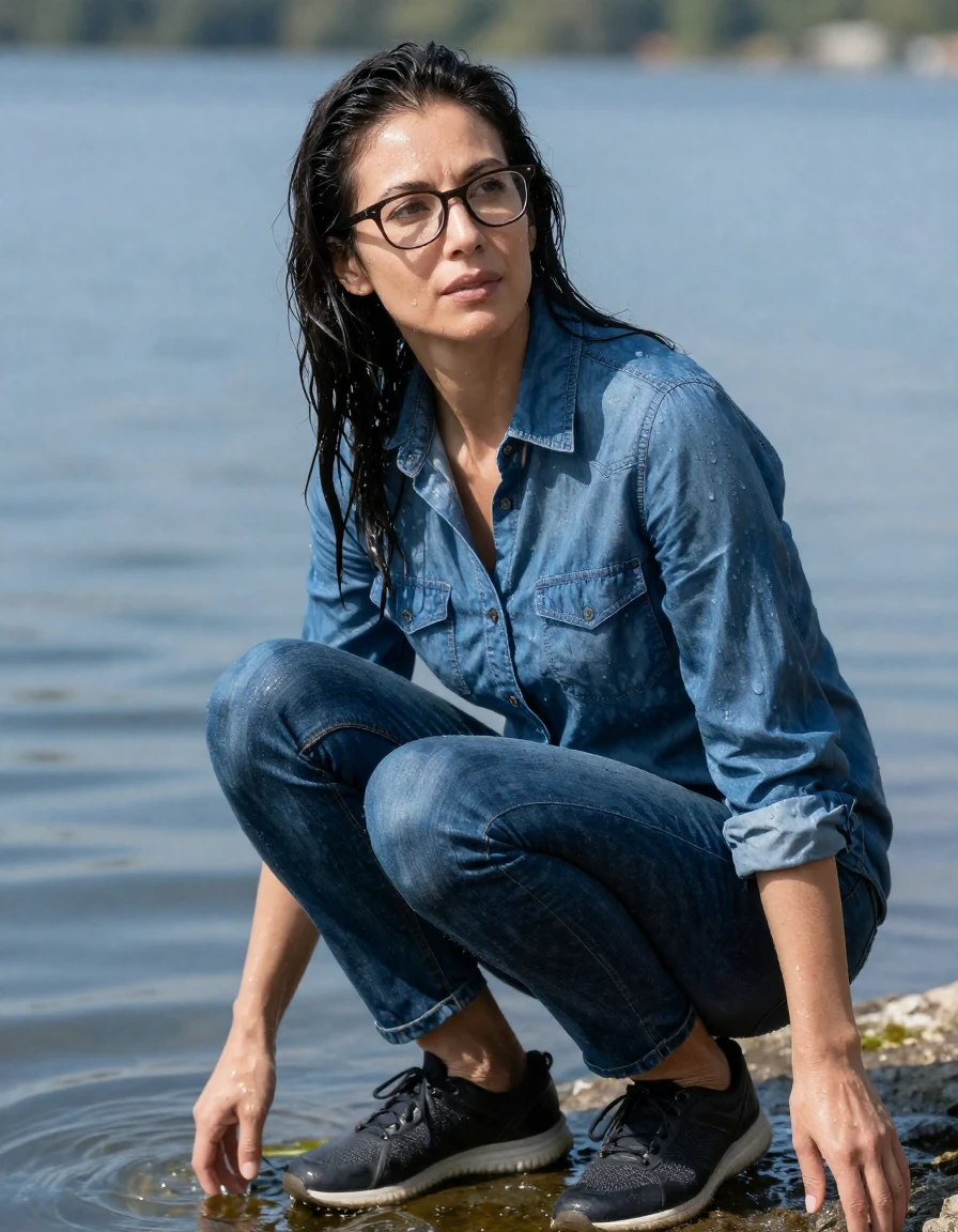 photo of young woman, in soaking wet, drenched clothes,
sport shoes, blue jeans, blue denim shirt with long sleeves, on the edge of sunny lake, 
enjoying, wet clothes stuck to body,
detailed textures of the wet clothes, wet face, wet plastered hair,
wet, drenched, professional, high-quality details, full body view.
sharp focus, ultra-high pixel detail, realistic, high-quality, full colors, incredibly detailed, 4k, 8k, 16k, hyper-realistic, RAW photo, masterpiece, ultra-detailed, professionally color graded, professional photograph, europen brunette skinny woman 40 years old, long dark black hair, very big and thick lips, office glasses,  complete body, body under water, wet skin, wet clothes, damp fabric, wet skin, wet clothes, damp fabric, wet skin, wet clothes, damp fabric, wet skin, wet clothes, damp fabric, wet skin, wet clothes, damp fabric
