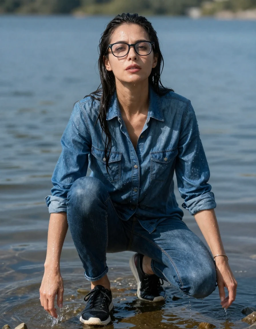 photo of young woman, in soaking wet, drenched clothes,
sport shoes, blue jeans, blue denim shirt with long sleeves, on the edge of sunny lake, 
enjoying, wet clothes stuck to body,
detailed textures of the wet clothes, wet face, wet plastered hair,
wet, drenched, professional, high-quality details, full body view.
sharp focus, ultra-high pixel detail, realistic, high-quality, full colors, incredibly detailed, 4k, 8k, 16k, hyper-realistic, RAW photo, masterpiece, ultra-detailed, professionally color graded, professional photograph, europen brunette skinny woman 40 years old, long dark black hair, very big and thick lips, office glasses,  complete body, feet under water, wet skin, wet clothes, damp fabric, wet skin, wet clothes, damp fabric, wet skin, wet clothes, damp fabric, wet skin, wet clothes, damp fabric, wet skin, wet clothes, damp fabric