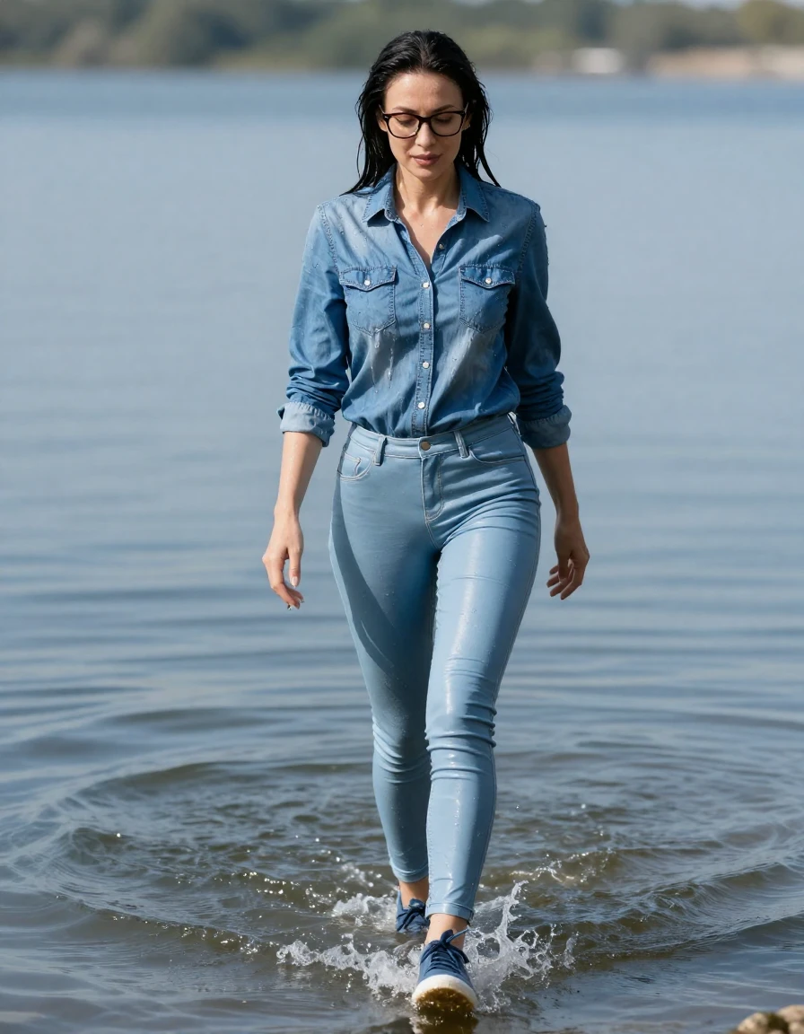 photo of young woman, in soaking wet, drenched clothes,
sport shoes, light blue tight leather jeans, blue denim shirt with long sleeves, walking complet submerged in sunny lake with legs in water, 
enjoying, wet clothes stuck to body,
detailed textures of the wet clothes, wet face, wet plastered hair,
wet, drenched, professional, high-quality details, full body view.
sharp focus, ultra-high pixel detail, realistic, high-quality, full colors, incredibly detailed, 4k, 8k, 16k, hyper-realistic, RAW photo, masterpiece, ultra-detailed, professionally color graded, professional photograph, europen brunette skinny woman 40 years old, long dark black hair, very big and thick lips, office glasses,  complete body, wet skin, wet clothes, damp fabric, wet skin, wet clothes, damp fabric, wet skin, wet clothes, damp fabric, wet skin, wet clothes, damp fabric, wet skin, wet clothes, damp fabric