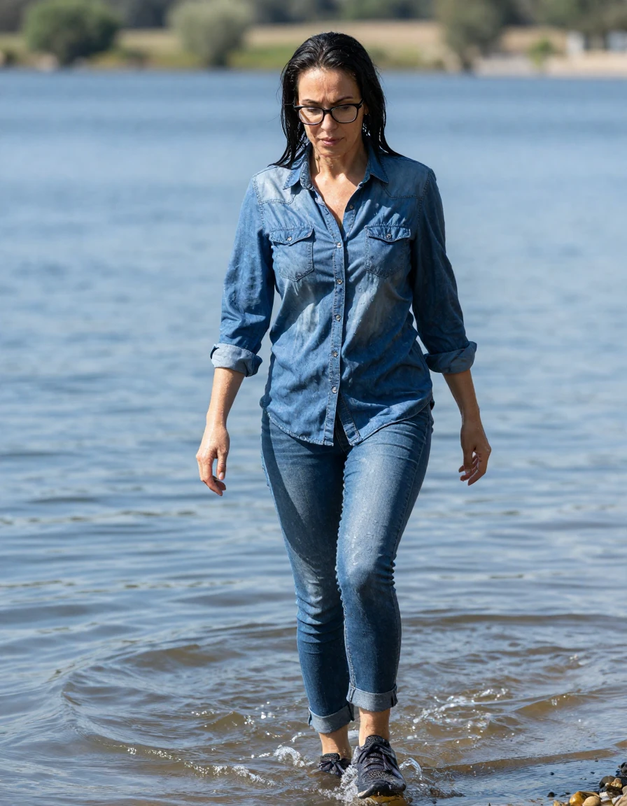 photo of young woman, in soaking wet, drenched clothes,
sport shoes, blue jeans, blue denim shirt with long sleeves, walking in sunny lake with legs in water, 
enjoying, wet clothes stuck to body,
detailed textures of the wet clothes, wet face, wet plastered hair,
wet, drenched, professional, high-quality details, full body view.
sharp focus, ultra-high pixel detail, realistic, high-quality, full colors, incredibly detailed, 4k, 8k, 16k, hyper-realistic, RAW photo, masterpiece, ultra-detailed, professionally color graded, professional photograph, europen brunette skinny woman 40 years old, long dark black hair, very big and thick lips, office glasses,  complete body, wet skin, wet clothes, damp fabric, wet skin, wet clothes, damp fabric, wet skin, wet clothes, damp fabric, wet skin, wet clothes, damp fabric, wet skin, wet clothes, damp fabric