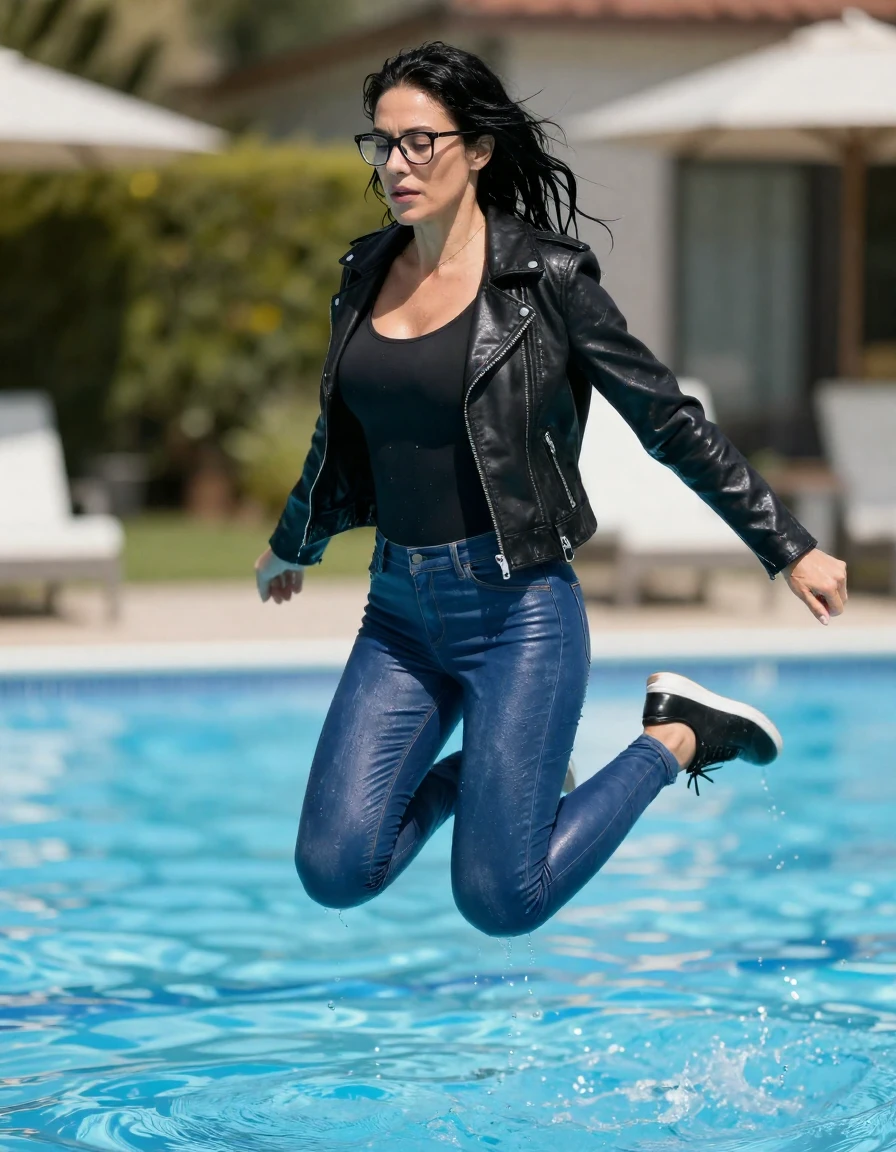 photo of young woman, in soaking wet, drenched clothes,
sport shoes, blue tight leather jeans, long black top dress with long sleeves, long black byker leather jacket, jumping in sunny swimming pool, 
enjoying, wet clothes stuck to body,
detailed textures of the wet clothes, wet face, wet plastered hair,
wet, drenched, professional, high-quality details, full body view.
sharp focus, ultra-high pixel detail, realistic, high-quality, full colors, incredibly detailed, 4k, 8k, 16k, hyper-realistic, RAW photo, masterpiece, ultra-detailed, professionally color graded, professional photograph, europen brunette skinny woman 40 years old, long dark black hair, very big and thick lips, office glasses,  complete body, wet skin, wet clothes, damp fabric, wet skin, wet clothes, damp fabric, wet skin, wet clothes, damp fabric, wet skin, wet clothes, damp fabric, wet skin, wet clothes, damp fabric