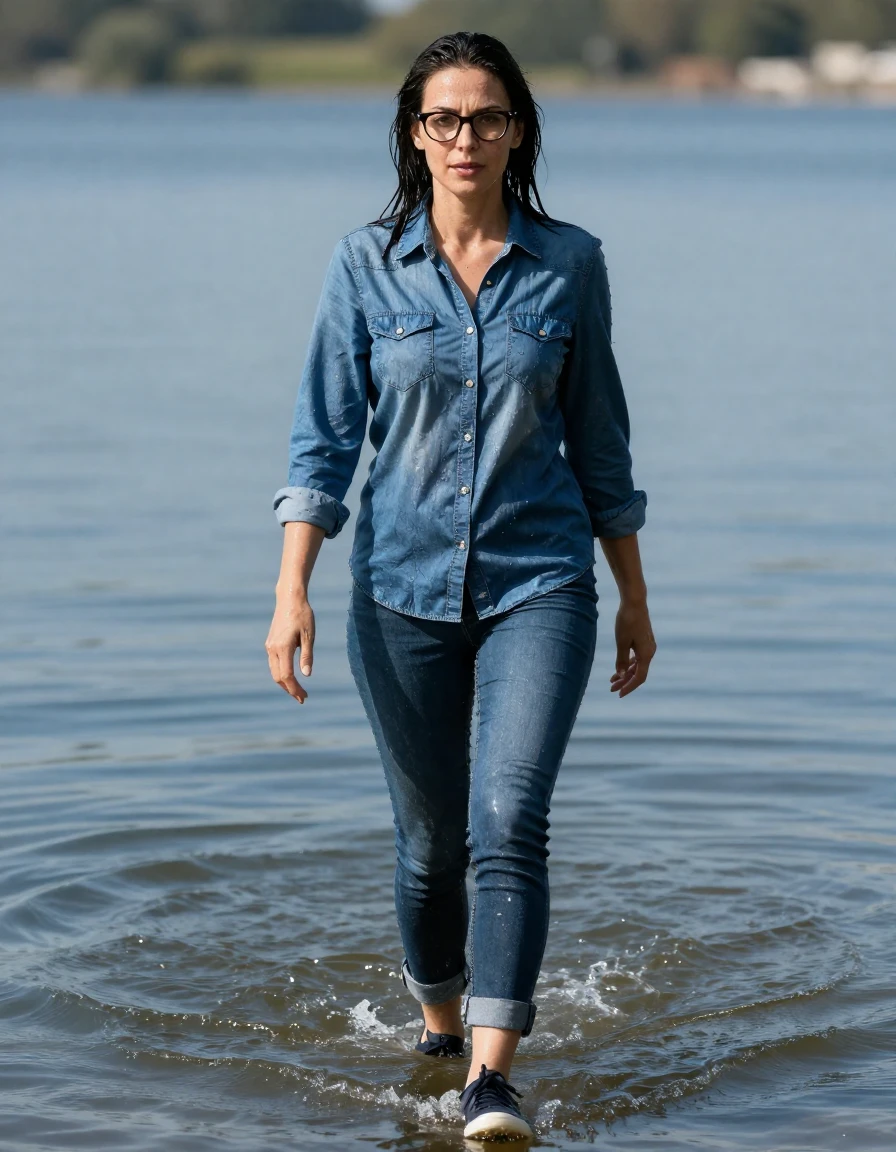 photo of young woman, in soaking wet, drenched clothes,
sport shoes, blue jeans, blue denim shirt with long sleeves, walking complet submerged in sunny lake with legs in water, 
enjoying, wet clothes stuck to body,
detailed textures of the wet clothes, wet face, wet plastered hair,
wet, drenched, professional, high-quality details, full body view.
sharp focus, ultra-high pixel detail, realistic, high-quality, full colors, incredibly detailed, 4k, 8k, 16k, hyper-realistic, RAW photo, masterpiece, ultra-detailed, professionally color graded, professional photograph, europen brunette skinny woman 40 years old, long dark black hair, very big and thick lips, office glasses,  complete body, wet skin, wet clothes, damp fabric, wet skin, wet clothes, damp fabric, wet skin, wet clothes, damp fabric, wet skin, wet clothes, damp fabric, wet skin, wet clothes, damp fabric