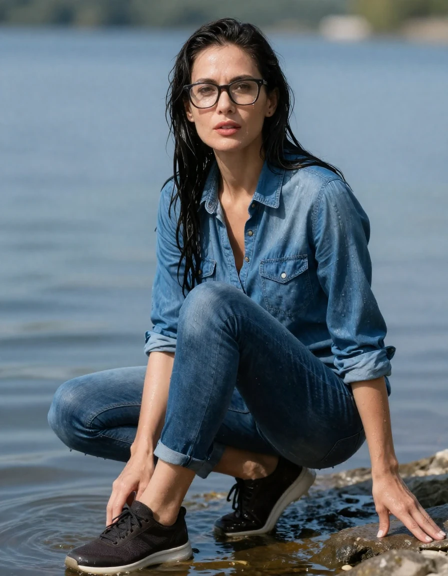 photo of young woman, in soaking wet, drenched clothes,
sport shoes, blue jeans, blue denim shirt with long sleeves, on the edge of sunny lake, 
enjoying, wet clothes stuck to body,
detailed textures of the wet clothes, wet face, wet plastered hair,
wet, drenched, professional, high-quality details, full body view.
sharp focus, ultra-high pixel detail, realistic, high-quality, full colors, incredibly detailed, 4k, 8k, 16k, hyper-realistic, RAW photo, masterpiece, ultra-detailed, professionally color graded, professional photograph, europen brunette skinny woman 40 years old, long dark black hair, very big and thick lips, office glasses,  complete body, feet in the water, wet skin, wet clothes, damp fabric, wet skin, wet clothes, damp fabric, wet skin, wet clothes, damp fabric, wet skin, wet clothes, damp fabric, wet skin, wet clothes, damp fabric