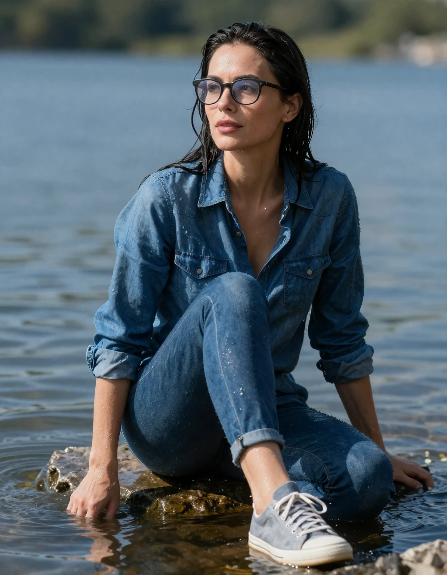 photo of young woman, in soaking wet, drenched clothes,
sport shoes, blue jeans, blue denim shirt with long sleeves, on the edge of sunny lake with legs in water, 
enjoying, wet clothes stuck to body,
detailed textures of the wet clothes, wet face, wet plastered hair,
wet, drenched, professional, high-quality details, full body view.
sharp focus, ultra-high pixel detail, realistic, high-quality, full colors, incredibly detailed, 4k, 8k, 16k, hyper-realistic, RAW photo, masterpiece, ultra-detailed, professionally color graded, professional photograph, europen brunette skinny woman 40 years old, long dark black hair, very big and thick lips, office glasses,  complete body, wet skin, wet clothes, damp fabric, wet skin, wet clothes, damp fabric, wet skin, wet clothes, damp fabric, wet skin, wet clothes, damp fabric, wet skin, wet clothes, damp fabric