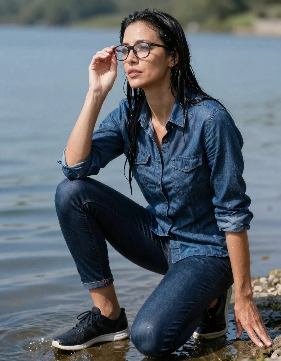photo of young woman, in soaking wet, drenched clothes,
sport shoes, dark blue jeans, dark blue denim shirt with long sleeves, on the edge of sunny lake, 
enjoying, wet clothes stuck to body,
detailed textures of the wet clothes, wet face, wet plastered hair,
wet, drenched, professional, high-quality details, full body view.
sharp focus, ultra-high pixel detail, realistic, high-quality, full colors, incredibly detailed, 4k, 8k, 16k, hyper-realistic, RAW photo, masterpiece, ultra-detailed, professionally color graded, professional photograph, europen brunette skinny woman 40 years old, long dark black hair, very big and thick lips, office glasses,  complete body, feet in the water, wet skin, wet clothes, damp fabric, wet skin, wet clothes, damp fabric, wet skin, wet clothes, damp fabric, wet skin, wet clothes, damp fabric, wet skin, wet clothes, damp fabric