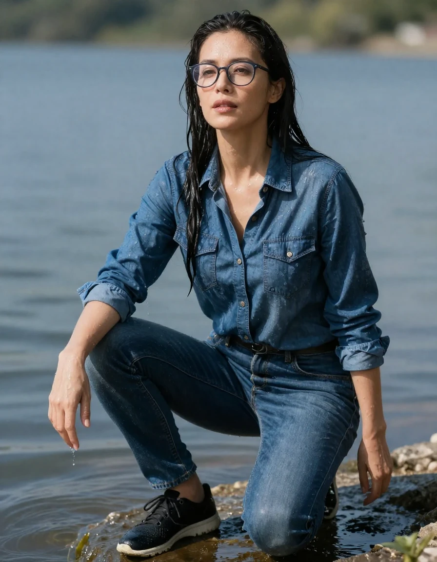 photo of young woman, in soaking wet, drenched clothes,
sport shoes, blue jeans, blue denim shirt with long sleeves, on the edge of sunny lake, 
enjoying, wet clothes stuck to body,
detailed textures of the wet clothes, wet face, wet plastered hair,
wet, drenched, professional, high-quality details, full body view.
sharp focus, ultra-high pixel detail, realistic, high-quality, full colors, incredibly detailed, 4k, 8k, 16k, hyper-realistic, RAW photo, masterpiece, ultra-detailed, professionally color graded, professional photograph, europen brunette skinny woman 40 years old, long dark black hair, very big and thick lips, office glasses,  complete body, body under water, wet skin, wet clothes, damp fabric, wet skin, wet clothes, damp fabric, wet skin, wet clothes, damp fabric, wet skin, wet clothes, damp fabric, wet skin, wet clothes, damp fabric
