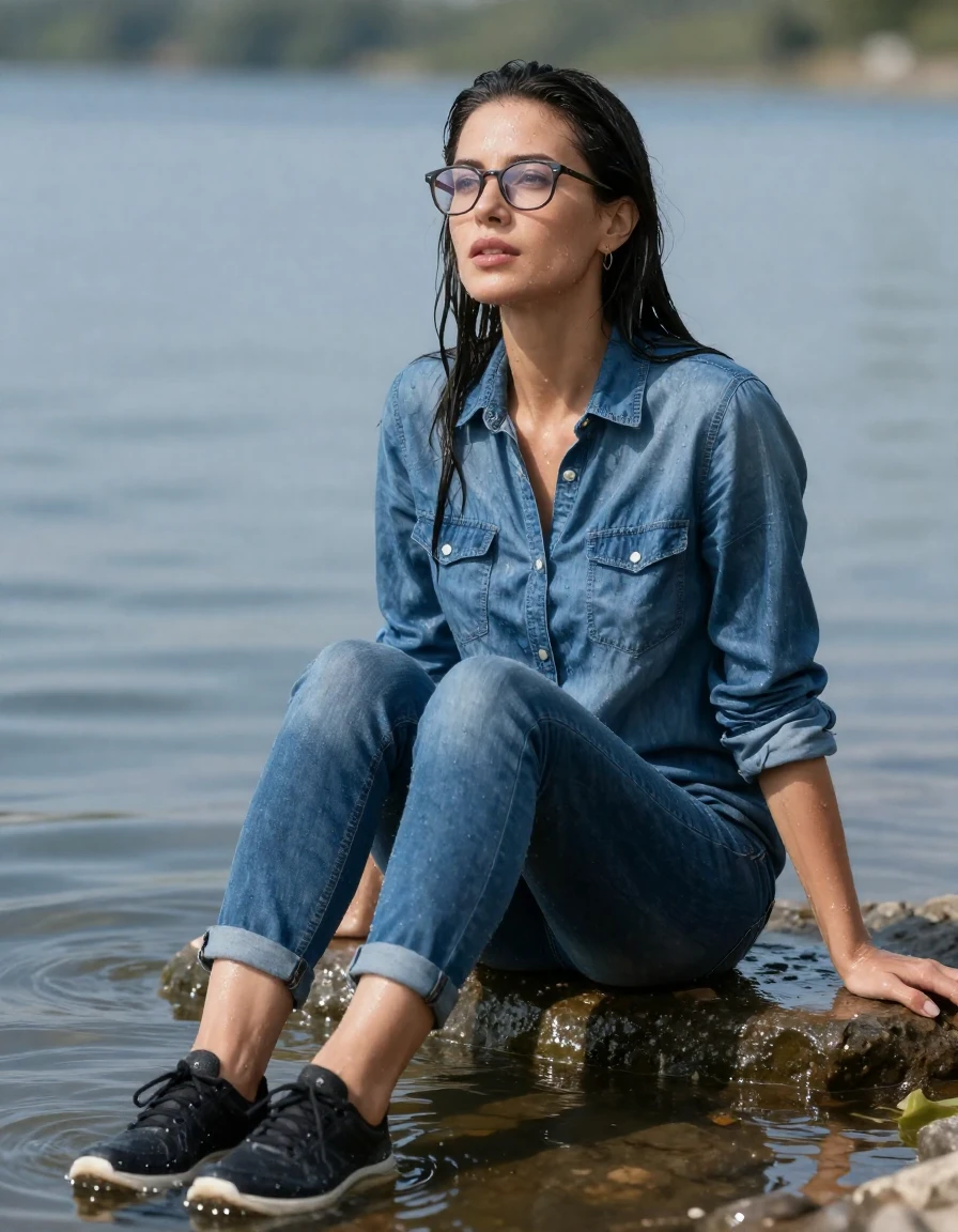 photo of young woman, in soaking wet, drenched clothes,
sport shoes, blue jeans, blue denim shirt with long sleeves, on the edge of sunny lake with legs in water, 
enjoying, wet clothes stuck to body,
detailed textures of the wet clothes, wet face, wet plastered hair,
wet, drenched, professional, high-quality details, full body view.
sharp focus, ultra-high pixel detail, realistic, high-quality, full colors, incredibly detailed, 4k, 8k, 16k, hyper-realistic, RAW photo, masterpiece, ultra-detailed, professionally color graded, professional photograph, europen brunette skinny woman 40 years old, long dark black hair, very big and thick lips, office glasses,  complete body, wet skin, wet clothes, damp fabric, wet skin, wet clothes, damp fabric, wet skin, wet clothes, damp fabric, wet skin, wet clothes, damp fabric, wet skin, wet clothes, damp fabric