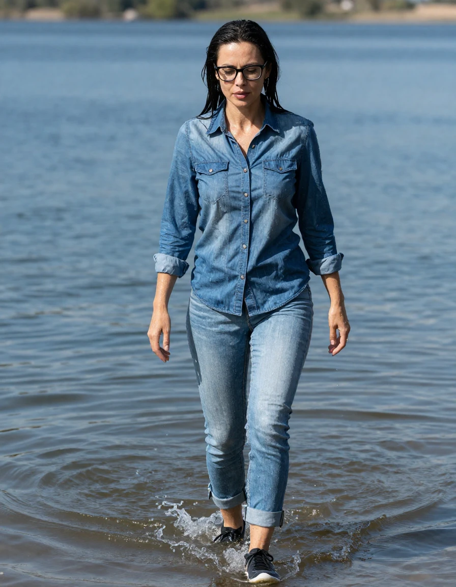 photo of young woman, in soaking wet, drenched clothes,
sport shoes, light blue jeans, blue denim shirt with long sleeves, walking complet submerged in sunny lake with legs in water, 
enjoying, wet clothes stuck to body,
detailed textures of the wet clothes, wet face, wet plastered hair,
wet, drenched, professional, high-quality details, full body view.
sharp focus, ultra-high pixel detail, realistic, high-quality, full colors, incredibly detailed, 4k, 8k, 16k, hyper-realistic, RAW photo, masterpiece, ultra-detailed, professionally color graded, professional photograph, europen brunette skinny woman 40 years old, long dark black hair, very big and thick lips, office glasses,  complete body, wet skin, wet clothes, damp fabric, wet skin, wet clothes, damp fabric, wet skin, wet clothes, damp fabric, wet skin, wet clothes, damp fabric, wet skin, wet clothes, damp fabric