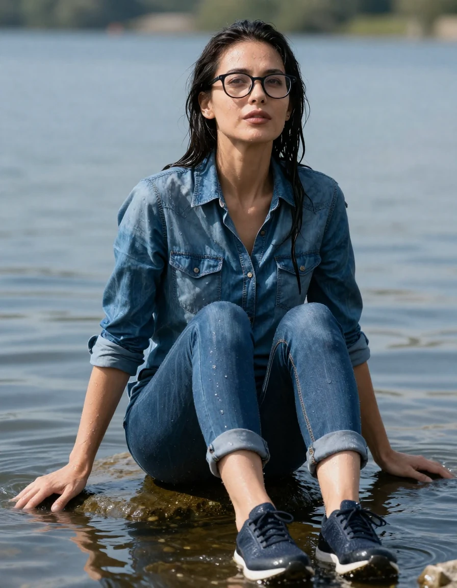 photo of young woman, in soaking wet, drenched clothes,
sport shoes, blue jeans, blue denim shirt with long sleeves, in sunny lake with legs in water, 
enjoying, wet clothes stuck to body,
detailed textures of the wet clothes, wet face, wet plastered hair,
wet, drenched, professional, high-quality details, full body view.
sharp focus, ultra-high pixel detail, realistic, high-quality, full colors, incredibly detailed, 4k, 8k, 16k, hyper-realistic, RAW photo, masterpiece, ultra-detailed, professionally color graded, professional photograph, europen brunette skinny woman 40 years old, long dark black hair, very big and thick lips, office glasses,  complete body, wet skin, wet clothes, damp fabric, wet skin, wet clothes, damp fabric, wet skin, wet clothes, damp fabric, wet skin, wet clothes, damp fabric, wet skin, wet clothes, damp fabric