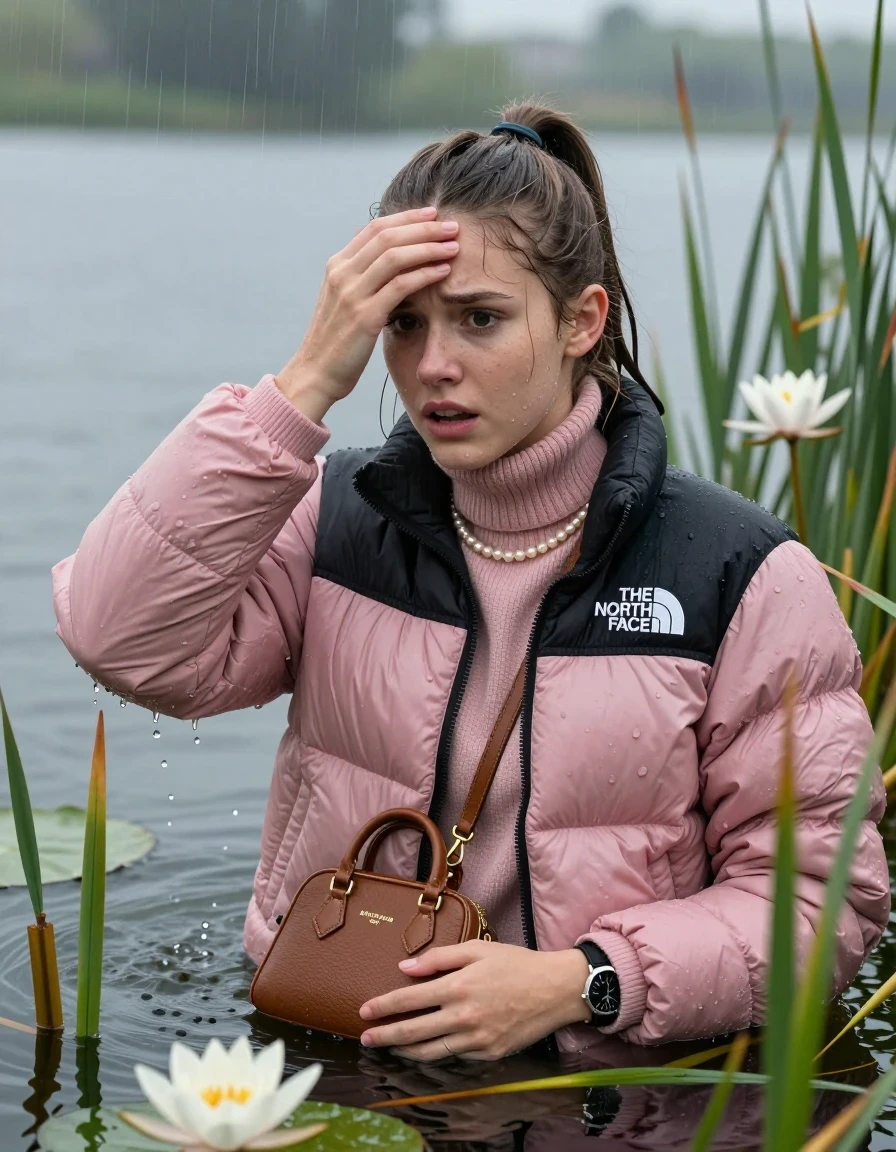 photo of young woman, in soaking wet, drenched clothes,
, , Light pink puffer down jacket from north face,  knit turtleneck sweater, handbag, pearl necklace, bracelet, wristwatch , Emerging after diving in a lake with water lilies and reeds, rain , 
enjoying, wet clothes stuck to body,
detailed textures of the wet clothes, wet face, wet plastered hair,
wet, drenched, professional, high-quality details, full body view.
sharp focus, ultra-high pixel detail, realistic, high-quality, full colors, incredibly detailed, 4k, 8k, 16k, hyper-realistic, RAW photo, masterpiece, ultra-detailed, professionally color graded, professional photograph, Sleek long ponytail, hairband

19 years old  teenage girl

Hold her hand on her forehead, open mouth, big eyes

she is completely underwater up to her neck, frustrated and sad expression.

She hides in the reeds and is surprised by spectators

her submerged clothes are hardly vusible under water, she soaked her handbag into the water

close up view, wet skin, wet clothes, wet hair, damp fabric, water runs down the clothes, wet skin, wet clothes, damp fabric, wet skin, wet clothes, damp fabric, wet skin, wet clothes, damp fabric, wet skin, wet clothes, damp fabric, wet skin, wet clothes, damp fabric, wet skin, wet clothes, damp fabric, wet skin, wet clothes, damp fabric, wet skin, wet clothes, damp fabric, wet skin, wet clothes, damp fabric, wet skin, wet clothes, damp fabric, wet skin, wet clothes, damp fabric, wet skin, wet clothes, damp fabric