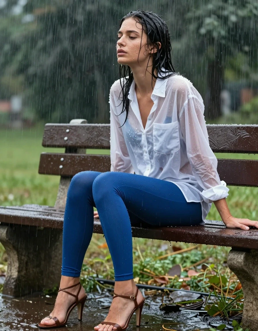 photo of young woman, in soaking wet, drenched clothes,
Strappy heels , Blue leggings , White blouse , Bench, 
enjoying, wet clothes stuck to body,
detailed textures of the wet clothes, wet face, wet plastered hair,
wet, drenched, professional, high-quality details, full body view.
sharp focus, ultra-high pixel detail, realistic, high-quality, full colors, incredibly detailed, 4k, 8k, 16k, hyper-realistic, RAW photo, masterpiece, ultra-detailed, professionally color graded, professional photograph, Storm, wet skin, wet clothes, damp fabric
