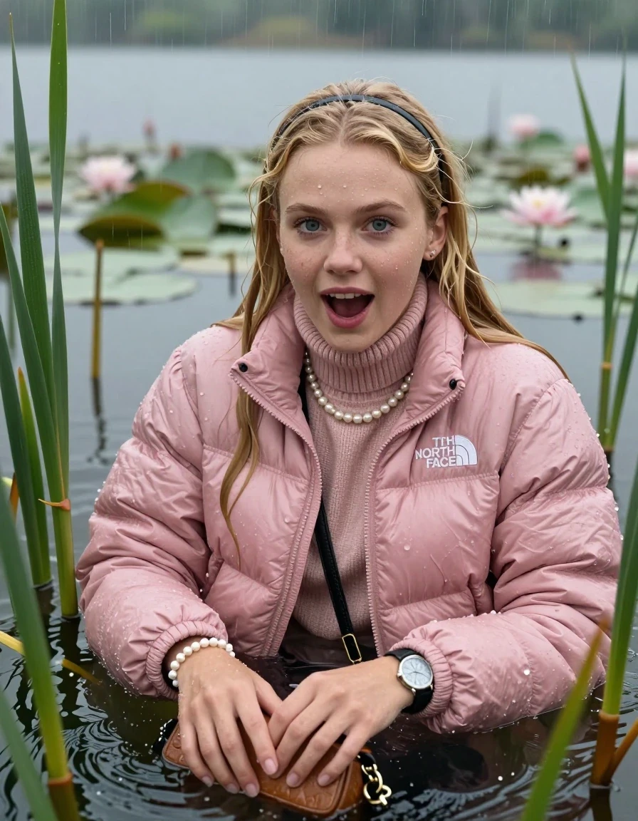 photo of young woman, in soaking wet, drenched clothes,
, , Light pink puffer down jacket from north face,  knit turtleneck sweater, handbag, pearl necklace, bracelet, wristwatch , knitted scarf, Emerging after diving in a lake with water lilies and reeds, rain , 
enjoying, wet clothes stuck to body,
detailed textures of the wet clothes, wet face, wet plastered hair,
wet, drenched, professional, high-quality details, full body view.
sharp focus, ultra-high pixel detail, realistic, high-quality, full colors, incredibly detailed, 4k, 8k, 16k, hyper-realistic, RAW photo, masterpiece, ultra-detailed, professionally color graded, professional photograph, Blonde Sleek long straight hair, hairband

19 years old  teenage girl

open mouth, big eyes 

she is completely underwater up to her neck, satisfied and enthusiastic expression. Looking at camera. Arms in the water.

She hides in the reeds and is surprised by spectators

her submerged clothes are hardly vusible under water, she soaked her handbag into the water

close up view, wet skin, wet clothes, wet hair, damp fabric, water runs down the clothes, wet skin, wet clothes, damp fabric, wet skin, wet clothes, damp fabric, wet skin, wet clothes, damp fabric, wet skin, wet clothes, damp fabric, wet skin, wet clothes, damp fabric, wet skin, wet clothes, damp fabric, wet skin, wet clothes, damp fabric, wet skin, wet clothes, damp fabric, wet skin, wet clothes, damp fabric, wet skin, wet clothes, damp fabric, wet skin, wet clothes, damp fabric, wet skin, wet clothes, damp fabric, wet skin, wet clothes, damp fabric