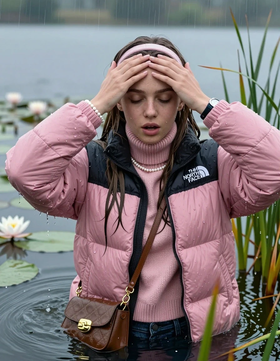 photo of young woman, in soaking wet, drenched clothes,
, , Light pink puffer down jacket from north face,  knit turtleneck sweater, handbag, pearl necklace, bracelet, wristwatch , knitted scarf, Emerging after diving in a lake with water lilies and reeds, rain , 
enjoying, wet clothes stuck to body,
detailed textures of the wet clothes, wet face, wet plastered hair,
wet, drenched, professional, high-quality details, full body view.
sharp focus, ultra-high pixel detail, realistic, high-quality, full colors, incredibly detailed, 4k, 8k, 16k, hyper-realistic, RAW photo, masterpiece, ultra-detailed, professionally color graded, professional photograph, Sleek long straight hair, hairband

19 years old  teenage girl

she is completely underwater up to her shoulders, careful and shy expression. Looking at camera. Hold her hands over her forehead. Open mouth, closed eyes.

She hides in the reeds and is surprised by spectators

her submerged clothes are hardly vusible under water, she soaked her handbag into the water

close up view, wet skin, wet clothes, wet hair, damp fabric, water runs down the clothes, wet skin, wet clothes, damp fabric, wet skin, wet clothes, damp fabric, wet skin, wet clothes, damp fabric, wet skin, wet clothes, damp fabric, wet skin, wet clothes, damp fabric, wet skin, wet clothes, damp fabric, wet skin, wet clothes, damp fabric, wet skin, wet clothes, damp fabric, wet skin, wet clothes, damp fabric, wet skin, wet clothes, damp fabric, wet skin, wet clothes, damp fabric, wet skin, wet clothes, damp fabric, wet skin, wet clothes, damp fabric, wet skin, wet clothes, damp fabric