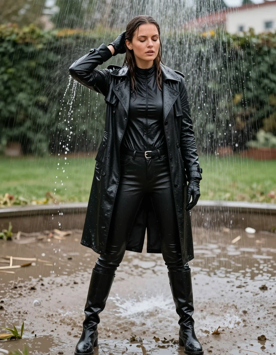 photo of young woman, in soaking wet, drenched clothes,
black leather knee-high boots, black leather jeans, black leather polar neck shirt, leather gloves on both hands, black leather trench coat, standing under a shower, drenched, 
enjoying, wet clothes stuck to body,
detailed textures of the wet clothes, wet face, wet plastered hair,
wet, drenched, professional, high-quality details, full body view.
sharp focus, ultra-high pixel detail, realistic, high-quality, full colors, incredibly detailed, 4k, 8k, 16k, hyper-realistic, RAW photo, masterpiece, ultra-detailed, professionally color graded, professional photograph, white woman, long dripping wet brown hair,, wet skin, wet clothes, damp fabric, standing directly under the water from the fountain, wet skin, wet clothes, damp fabric, covered in mud from the muddy field, wet skin, wet clothes, damp fabric