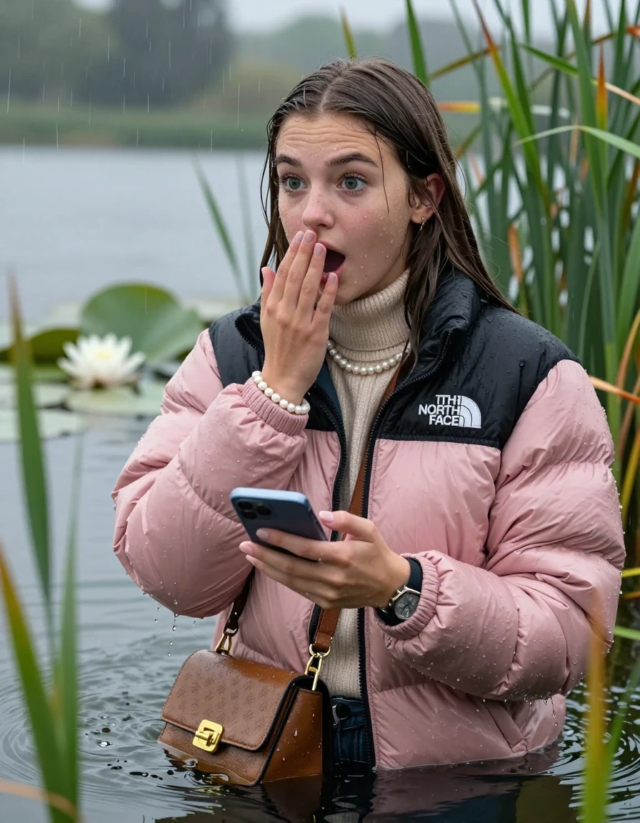 photo of young woman, in soaking wet, drenched clothes,
, , Light pink puffer down jacket from north face,  knit turtleneck sweater, handbag, pearl necklace, bracelet, wristwatch , Emerging after diving in a lake with water lilies and reeds, rain , 
enjoying, wet clothes stuck to body,
detailed textures of the wet clothes, wet face, wet plastered hair,
wet, drenched, professional, high-quality details, full body view.
sharp focus, ultra-high pixel detail, realistic, high-quality, full colors, incredibly detailed, 4k, 8k, 16k, hyper-realistic, RAW photo, masterpiece, ultra-detailed, professionally color graded, professional photograph, Brunette Sleek long straight hair

19 years old  teenage girl

open mouth, big eyes, hold one hand over her mouth and in the other hand her smartphone. Looking to the side.

she is completely underwater up to her neck, afraid and astonished expression.

She hides in the reeds and is surprised by spectators

her submerged clothes are hardly vusible under water, she soaked her handbag into the water

close up view, wet skin, wet clothes, wet hair, damp fabric, water runs down the clothes, wet skin, wet clothes, damp fabric, wet skin, wet clothes, damp fabric, wet skin, wet clothes, damp fabric, wet skin, wet clothes, damp fabric, wet skin, wet clothes, damp fabric, wet skin, wet clothes, damp fabric, wet skin, wet clothes, damp fabric, wet skin, wet clothes, damp fabric, wet skin, wet clothes, damp fabric, wet skin, wet clothes, damp fabric, wet skin, wet clothes, damp fabric, wet skin, wet clothes, damp fabric, wet skin, wet clothes, damp fabric, wet skin, wet clothes, damp fabric, wet skin, wet clothes, damp fabric