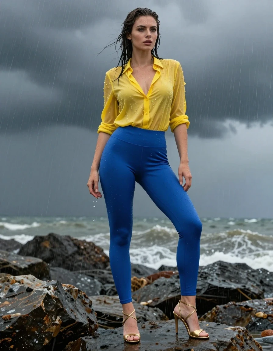 photo of young woman, in soaking wet, drenched clothes,
Strappy gold stilettos , Blue leggings , Yellow blouse , Standing on rocks, 
enjoying, wet clothes stuck to body,
detailed textures of the wet clothes, wet face, wet plastered hair,
wet, drenched, professional, high-quality details, full body view.
sharp focus, ultra-high pixel detail, realistic, high-quality, full colors, incredibly detailed, 4k, 8k, 16k, hyper-realistic, RAW photo, masterpiece, ultra-detailed, professionally color graded, professional photograph, Storm, wet skin, wet clothes, damp fabric, wet skin, wet clothes, damp fabric