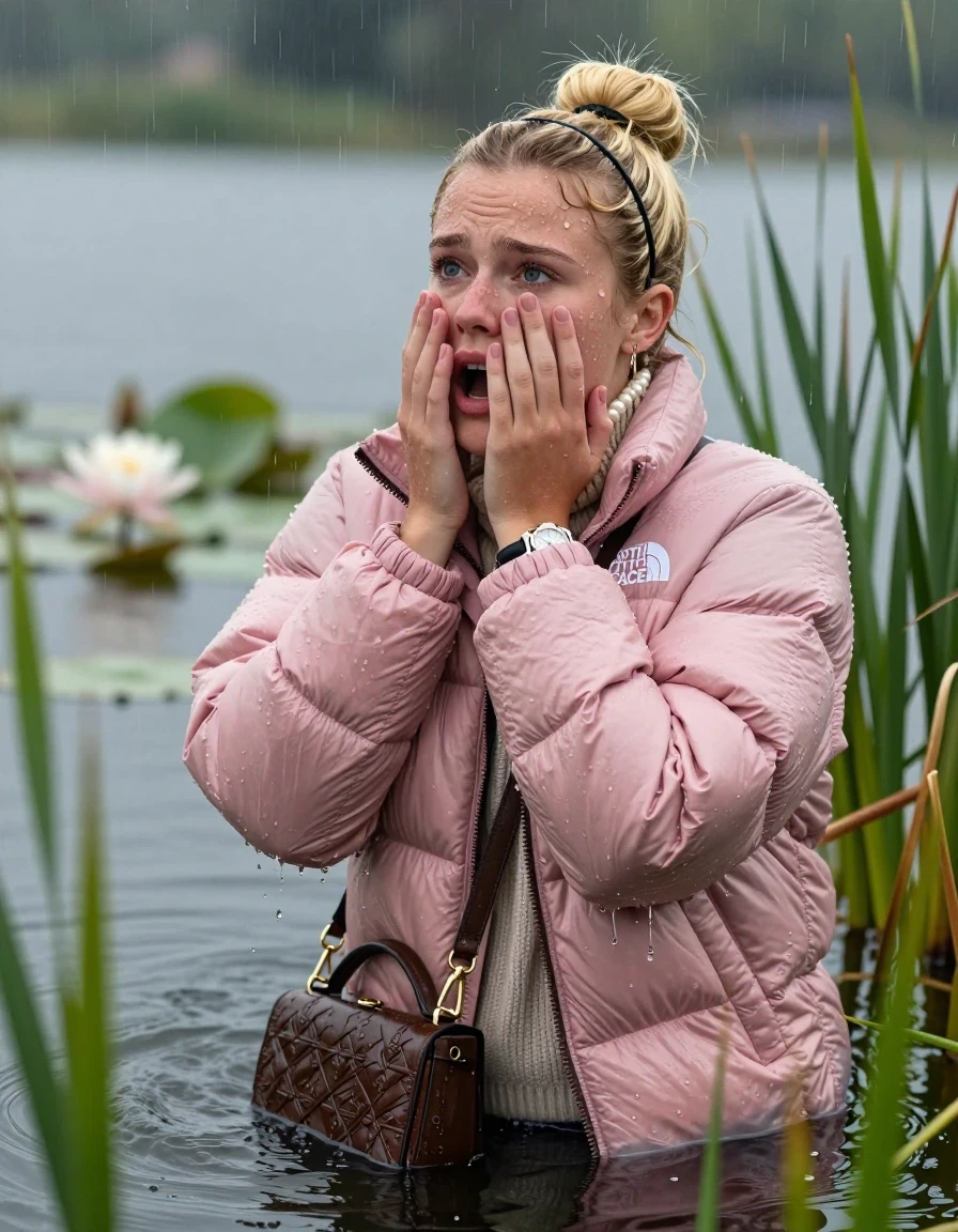 photo of young woman, in soaking wet, drenched clothes,
, , Light pink puffer down jacket from north face,  knit turtleneck sweater, handbag, pearl necklace, bracelet, wristwatch , Emerging after diving in a lake with water lilies and reeds, rain , 
enjoying, wet clothes stuck to body,
detailed textures of the wet clothes, wet face, wet plastered hair,
wet, drenched, professional, high-quality details, full body view.
sharp focus, ultra-high pixel detail, realistic, high-quality, full colors, incredibly detailed, 4k, 8k, 16k, hyper-realistic, RAW photo, masterpiece, ultra-detailed, professionally color graded, professional photograph, Blonde Sleek topknot with bangs, hairband18-years-old  teenage girl

Holding her hands over her face, open mouth, half closed eyes, looking up

she is completely underwater up to her neck, fearful and frightened expression.

She hides in the reeds and is surprised by spectators

her submerged clothes are hardly vusible under water, she soaked her handbag into the water

close up view, wet skin, wet clothes, wet hair, damp fabric, water runs down the clothes, wet skin, wet clothes, damp fabric, wet skin, wet clothes, damp fabric, wet skin, wet clothes, damp fabric, wet skin, wet clothes, damp fabric, wet skin, wet clothes, damp fabric, wet skin, wet clothes, damp fabric, wet skin, wet clothes, damp fabric, wet skin, wet clothes, damp fabric, wet skin, wet clothes, damp fabric, wet skin, wet clothes, damp fabric, wet skin, wet clothes, damp fabric, wet skin, wet clothes, damp fabric