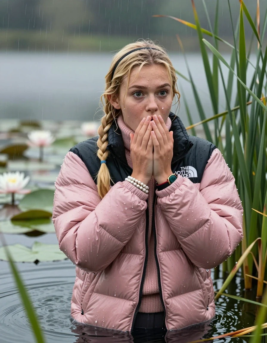 photo of young woman, in soaking wet, drenched clothes,
, , Light pink puffer down jacket from north face,  knit turtleneck sweater, handbag, pearl necklace, bracelet, wristwatch , Emerging after diving in a lake with water lilies and reeds, rain , 
enjoying, wet clothes stuck to body,
detailed textures of the wet clothes, wet face, wet plastered hair,
wet, drenched, professional, high-quality details, full body view.
sharp focus, ultra-high pixel detail, realistic, high-quality, full colors, incredibly detailed, 4k, 8k, 16k, hyper-realistic, RAW photo, masterpiece, ultra-detailed, professionally color graded, professional photograph, Blonde Sleek long ponytail with bangs, hairband

18-years-old  teenage girl

Hold her hands over her mouth, open mouth, big eyes

she is completely underwater up to her neck, shocked expression.

She hides in the reeds and is surprised by spectators

her submerged clothes are hardly vusible under water, she soaked her handbag into the water

close up view, wet skin, wet clothes, wet hair, damp fabric, water runs down the clothes, wet skin, wet clothes, damp fabric, wet skin, wet clothes, damp fabric, wet skin, wet clothes, damp fabric, wet skin, wet clothes, damp fabric, wet skin, wet clothes, damp fabric, wet skin, wet clothes, damp fabric, wet skin, wet clothes, damp fabric, wet skin, wet clothes, damp fabric, wet skin, wet clothes, damp fabric, wet skin, wet clothes, damp fabric, wet skin, wet clothes, damp fabric, wet skin, wet clothes, damp fabric