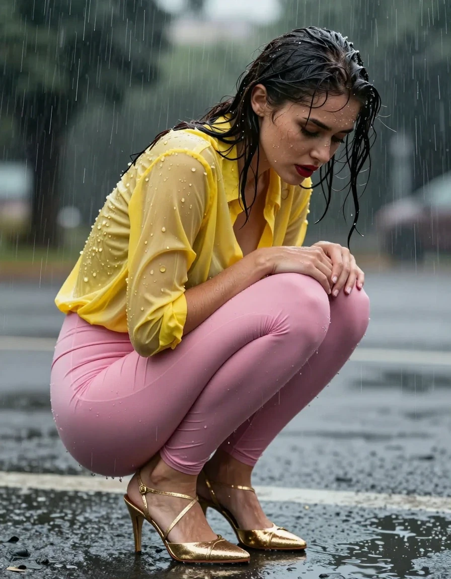 photo of young woman, in soaking wet, drenched clothes,
Strappy gold stilettos , Pink leggings , Yellow blouse , Tocks, 
enjoying, wet clothes stuck to body,
detailed textures of the wet clothes, wet face, wet plastered hair,
wet, drenched, professional, high-quality details, full body view.
sharp focus, ultra-high pixel detail, realistic, high-quality, full colors, incredibly detailed, 4k, 8k, 16k, hyper-realistic, RAW photo, masterpiece, ultra-detailed, professionally color graded, professional photograph, Storm, wet skin, wet clothes, damp fabric, wet skin, wet clothes, damp fabric