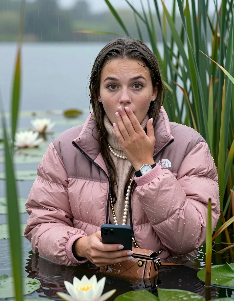 photo of young woman, in soaking wet, drenched clothes,
, , Light pink puffer down jacket from north face,  knit turtleneck sweater, handbag, pearl necklace, bracelet, wristwatch , Emerging after diving in a lake with water lilies and reeds, rain , 
enjoying, wet clothes stuck to body,
detailed textures of the wet clothes, wet face, wet plastered hair,
wet, drenched, professional, high-quality details, full body view.
sharp focus, ultra-high pixel detail, realistic, high-quality, full colors, incredibly detailed, 4k, 8k, 16k, hyper-realistic, RAW photo, masterpiece, ultra-detailed, professionally color graded, professional photograph, Brunette Sleek long straight hair

19 years old  teenage girl

open mouth, big eyes, cover her mouth with a hand and in the other hand her smartphone. Laying her head on the surface.  Looking at camera.

she is completely underwater up to her neck, afraid and astonished expression.

She hides in the reeds and is surprised by spectators

her submerged clothes are hardly vusible under water, she soaked her handbag into the water

close up view, wet skin, wet clothes, wet hair, damp fabric, water runs down the clothes, wet skin, wet clothes, damp fabric, wet skin, wet clothes, damp fabric, wet skin, wet clothes, damp fabric, wet skin, wet clothes, damp fabric, wet skin, wet clothes, damp fabric, wet skin, wet clothes, damp fabric, wet skin, wet clothes, damp fabric, wet skin, wet clothes, damp fabric, wet skin, wet clothes, damp fabric, wet skin, wet clothes, damp fabric, wet skin, wet clothes, damp fabric, wet skin, wet clothes, damp fabric, wet skin, wet clothes, damp fabric, wet skin, wet clothes, damp fabric, wet skin, wet clothes, damp fabric