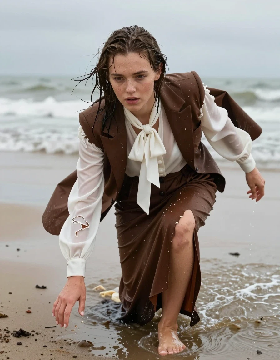 photo of young woman, in soaking wet, drenched clothes,
barefoot, buttoned down brown long skirt, oversized long sleeved white silk blouse with bowtie, brown tuxedo jacket, north sea beach, 
enjoying, wet clothes stuck to body,
detailed textures of the wet clothes, wet face, wet plastered hair,
wet, drenched, professional, high-quality details, full body view.
sharp focus, ultra-high pixel detail, realistic, high-quality, full colors, incredibly detailed, 4k, 8k, 16k, hyper-realistic, RAW photo, masterpiece, ultra-detailed, professionally color graded, professional photograph, exhausted, crawling out to the shore during a rainstorm, clothes are ripped and torn, wet skin, wet clothes, damp fabric