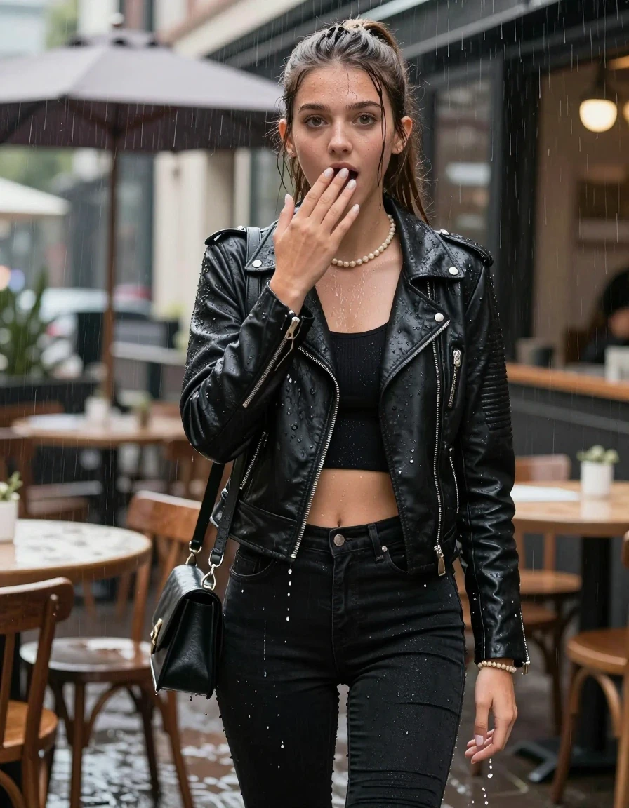 photo of young woman, in soaking wet, drenched clothes,
,  tight black skinny jeans, Black biker leatherjacket, crop top, Pearl necklace, bracelet, shoulderbag, under heavy rain at outdoor restaurant, enjoying wet clothes stuck body, 
enjoying, wet clothes stuck to body,
detailed textures of the wet clothes, wet face, wet plastered hair,
wet, drenched, professional, high-quality details, full body view.
sharp focus, ultra-high pixel detail, realistic, high-quality, full colors, incredibly detailed, 4k, 8k, 16k, hyper-realistic, RAW photo, masterpiece, ultra-detailed, professionally color graded, professional photograph, A realistic vertical fashion photograph of a 15-years-old young teenage girl. afraid and astonished, open mouth, big eyes. holding her hand over her mouth. sleek long ponytail. looking at camera., wet skin, wet clothes, water runs from her body and her clothes in streams. A lot of water also runs out of her clothes. Her clothes are darkened by the water. Her submerged clothes are clinging wet.  fabric, wet skin, wet clothes, damp fabric