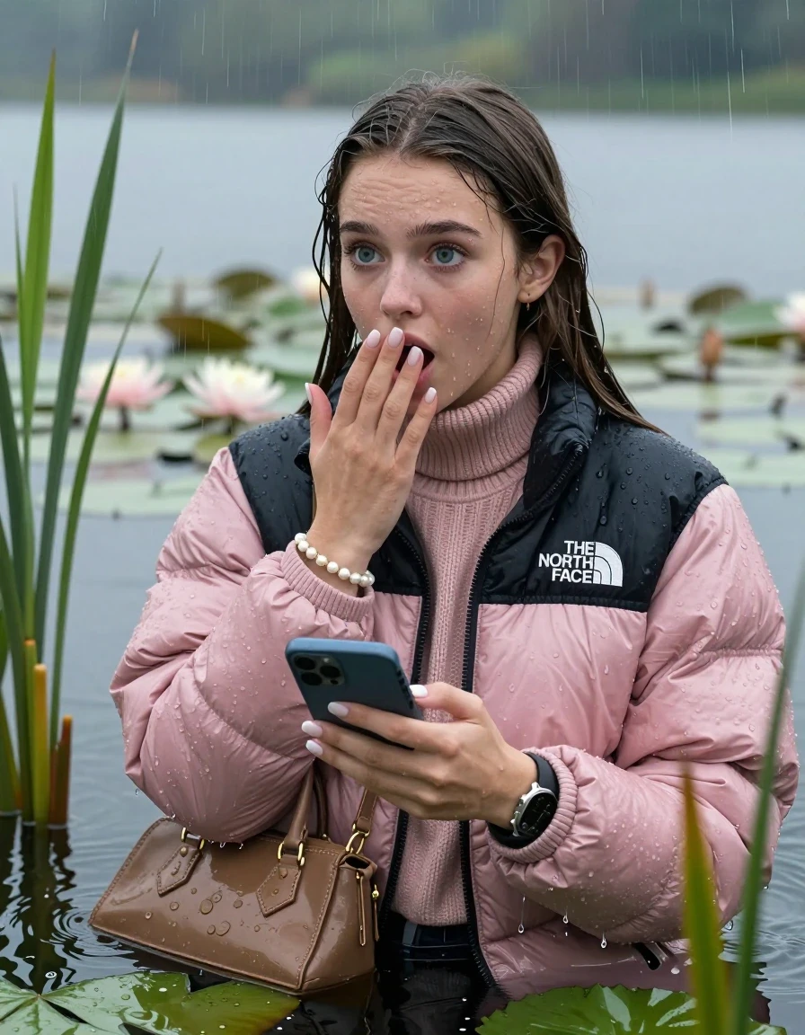 photo of young woman, in soaking wet, drenched clothes,
, , Light pink puffer down jacket from north face,  knit turtleneck sweater, handbag, pearl necklace, bracelet, wristwatch , french nails, Emerging after diving in a lake with water lilies and reeds, rain , 
enjoying, wet clothes stuck to body,
detailed textures of the wet clothes, wet face, wet plastered hair,
wet, drenched, professional, high-quality details, full body view.
sharp focus, ultra-high pixel detail, realistic, high-quality, full colors, incredibly detailed, 4k, 8k, 16k, hyper-realistic, RAW photo, masterpiece, ultra-detailed, professionally color graded, professional photograph, Brunette Sleek long straight hair

19 years old  teenage girl

open mouth, big eyes, hold one hand over her mouth and in the other hand her smartphone. Looking to the side.

she is completely underwater up to her neck, afraid and astonished expression.

She hides in the reeds and is surprised by spectators

her submerged clothes are hardly vusible under water, she soaked her handbag into the water

close up view, wet skin, wet clothes, wet hair, damp fabric, water runs down the clothes, wet skin, wet clothes, damp fabric, wet skin, wet clothes, damp fabric, wet skin, wet clothes, damp fabric, wet skin, wet clothes, damp fabric, wet skin, wet clothes, damp fabric, wet skin, wet clothes, damp fabric, wet skin, wet clothes, damp fabric, wet skin, wet clothes, damp fabric, wet skin, wet clothes, damp fabric, wet skin, wet clothes, damp fabric, wet skin, wet clothes, damp fabric, wet skin, wet clothes, damp fabric, wet skin, wet clothes, damp fabric, wet skin, wet clothes, damp fabric, wet skin, wet clothes, damp fabric